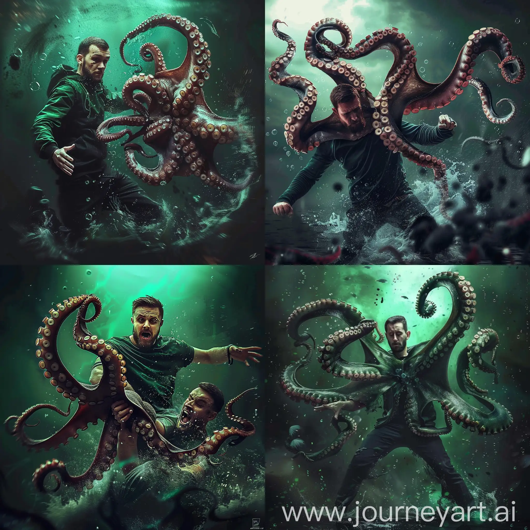 poster design of an octopus grabbing a man --sref https://i.pinimg.com/564x/5b/4b/ed/5b4bed433016fbc6ec417c46f015e344.jpg --style raw --v 6