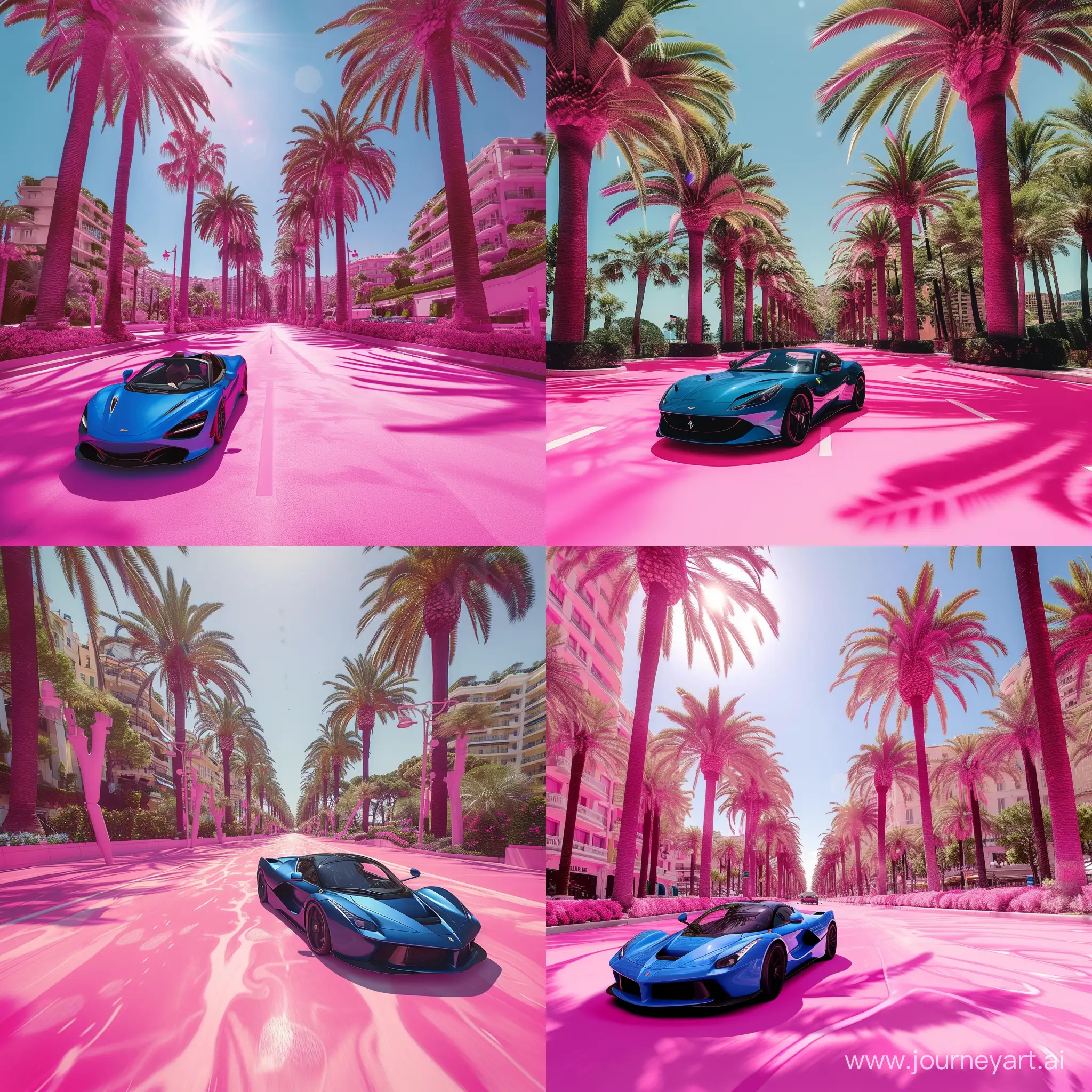 wide angle photo of a blue sports car driving in Monaco on pink streets that are palm tree lined and in the sunshine