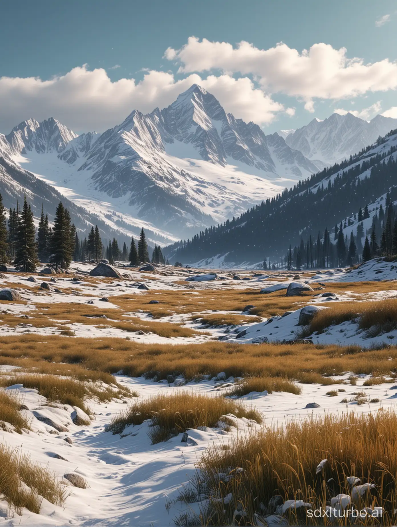 In the meadow in front of the snowy mountains，realistic