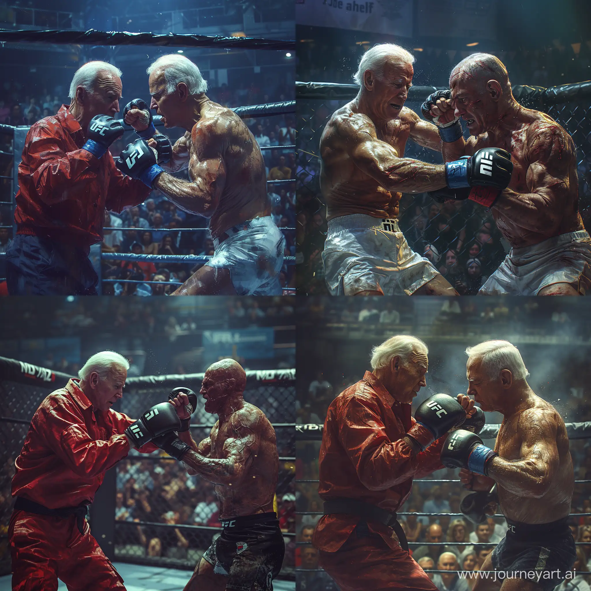A realistic picture of joe biden and benjamin netanyahu playing mma in the cage, in front of an s udience watching the match, with blur in the background, accuracy, focus, and very fine details on fabrics, skin, and skin --stylize 750 --v 6