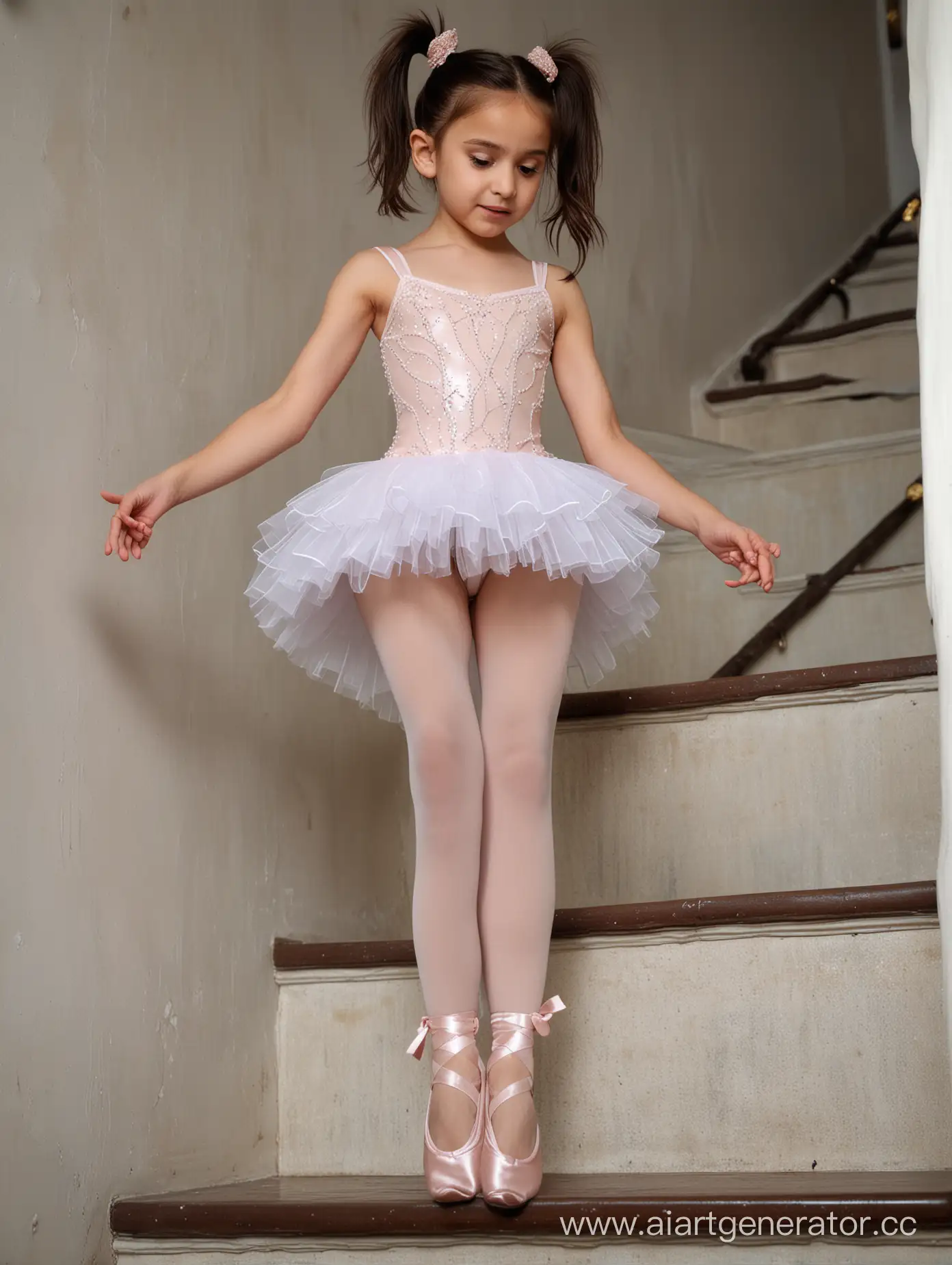 A little skinny ugly girl, 10 years old, ballet dress, naked feets, standing on the stairs, from below, close up, dark hair, ponytail hair, under view, arabian, bottom view, earrings, painful face