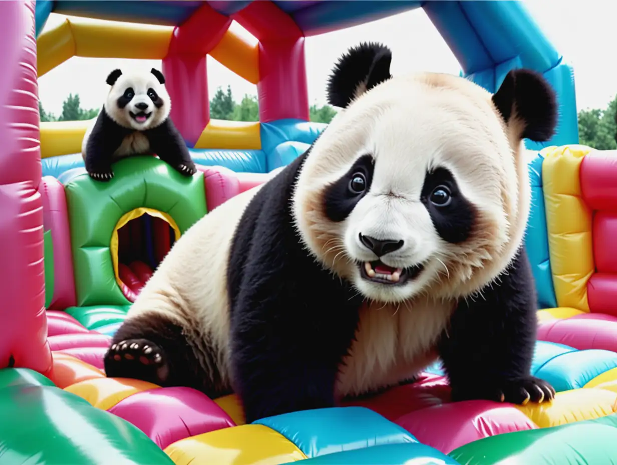 footage from a 1980 sci-fi movie, baby panda in a bouncy castle, stylize 400, kids party scene, people talking