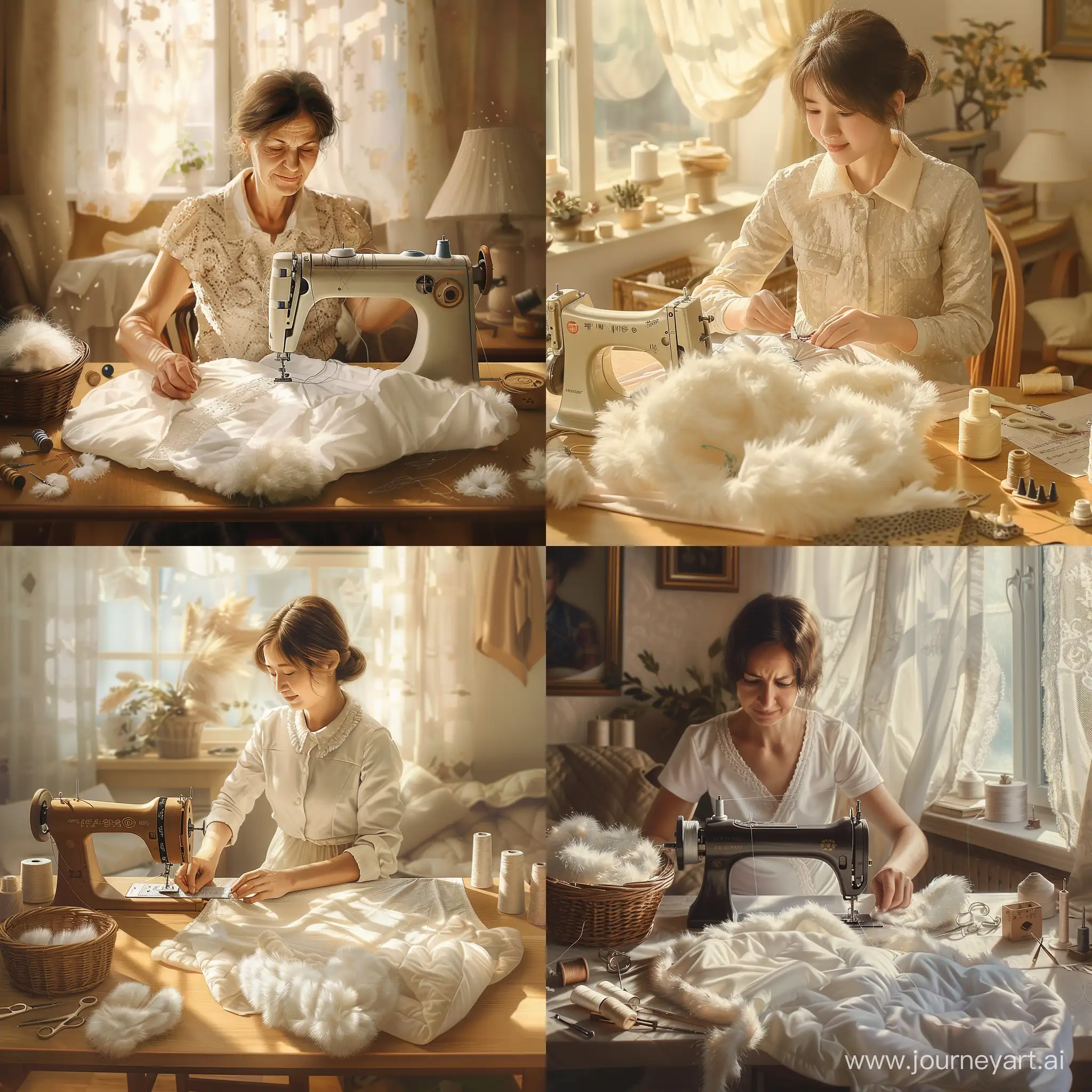 On a tranquil afternoon, sunlight streamed through the window, casting a soft glow on the tidy and bright living room. A mother sat at the table, her sewing machine humming gently, emitting a rhythmic sound. She focused intently on the delicate needlework beneath the sewing machine, skillfully manipulating the fabric with her nimble hands.  A pile of fluffy down feathers lay on the table, shimmering in the ambient light. The mother reached into a nearby basket, retrieving a pre-cut piece of satin fabric. She delicately traced the patterns for the collar, cuffs, and front of the garment. Her eyes revealed a profound expertise and experience in the task at hand.  The soothing hum of the sewing machine accompanied her every move, creating a melody as if in harmony with her actions. With practiced precision, she sewed the fabric along the designated lines, each stitch flowing seamlessly like a gentle stream. Her fingers danced gracefully, orchestrating a dance as if in sync with the machine.  As time passed, the down jacket gradually took shape under her skilled hands. The mother furrowed her brow slightly, pausing at intervals to inspect every detail, ensuring perfection in every stitch. A content smile played on her face, knowing that this garment would bring warmth to her family.  Around her, scattered pieces of cut fabric, embroidery needles, thread spools, and other sewing tools painted a picture of domestic tranquility. The scene exuded a sense of peace and the warmth of home, with the mother's craft and dedication serving as the guarantee for a cozy winter for her loved ones.
