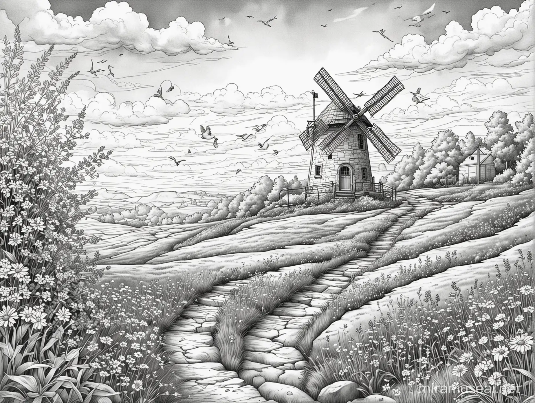 Coloring Page: 

Scene: A rolling hill dotted with wildflowers stretches towards the sky with fluffy clouds drifting by.

Windmill:

Use bold black outlines to capture the windmill's whimsical charm.
The windmill tower could be a squat cylinder with a rounded top.
A tiny, crooked door with a heart-shaped window sits at the base of the windmill.
Atop the windmill is a whimsical weathervane.

Details:

Around the base of the windmill, a winding path paved with stones leads uphill.
Nestled amongst the wildflowers, a family of friendly ladybugs crawl on blades of grass.
In the distance, a flock of birds soars across the sky.

Coloring Freedom:  This coloring page offers plenty of space for creativity.  No colors used, except black and white.  Clear lines.  High contrast.  No shading.