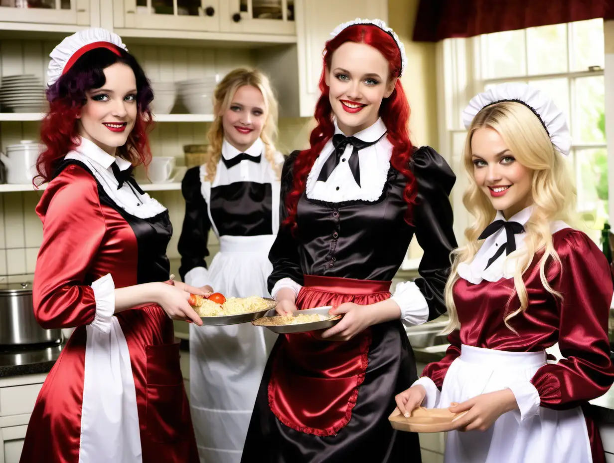 Elegant Victorian Maid Costume Fashion with Smiling Mothers in Kitchen Garden