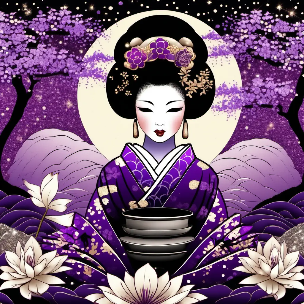 Serene Zen Garden with Elegant Geisha in Sparkling Purple Black and Ivory