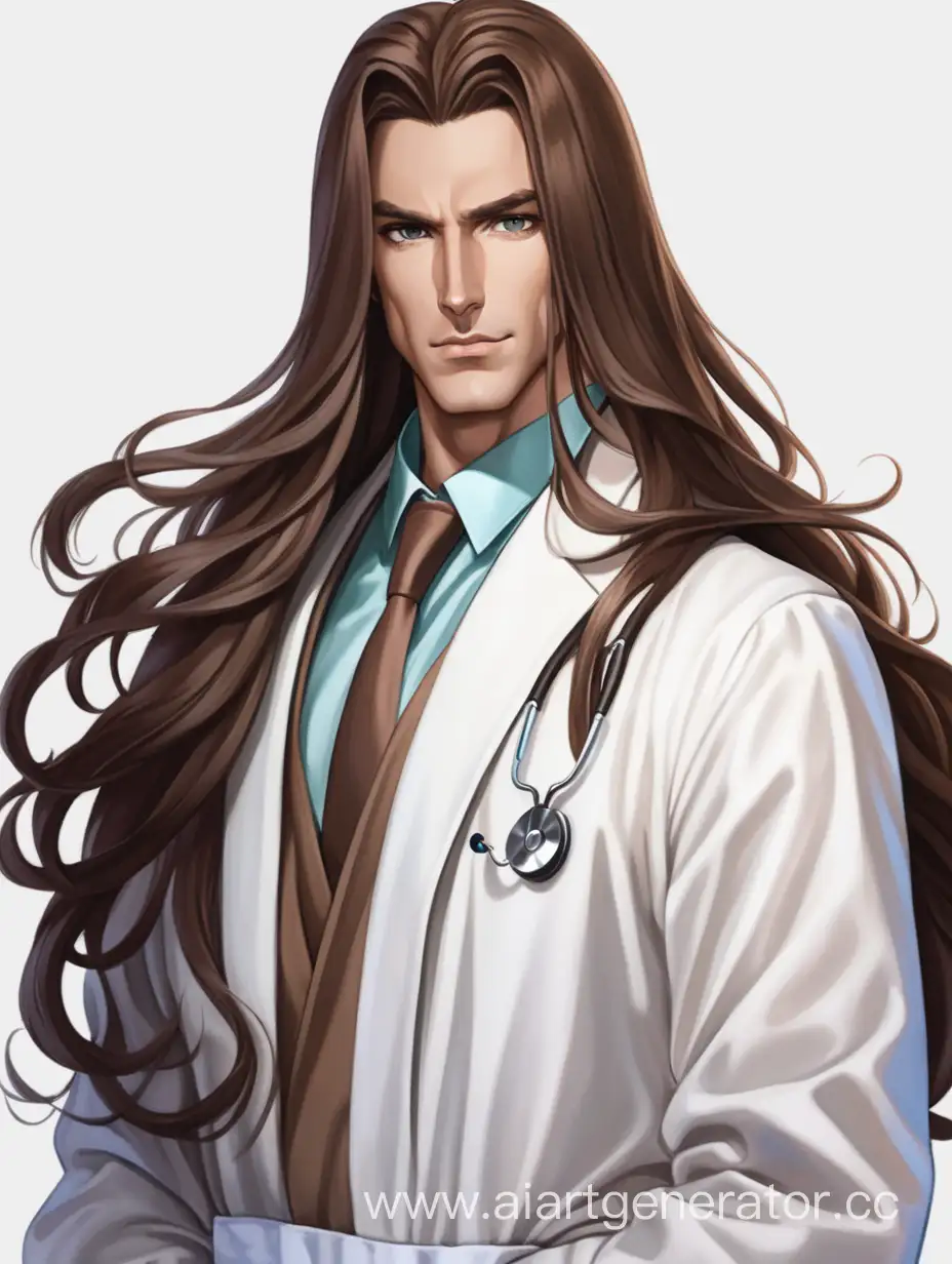 Красивый и элегантный мужчина с очень длинными коричневыми волосами в медицинском халате.  В стиле Джо Джо