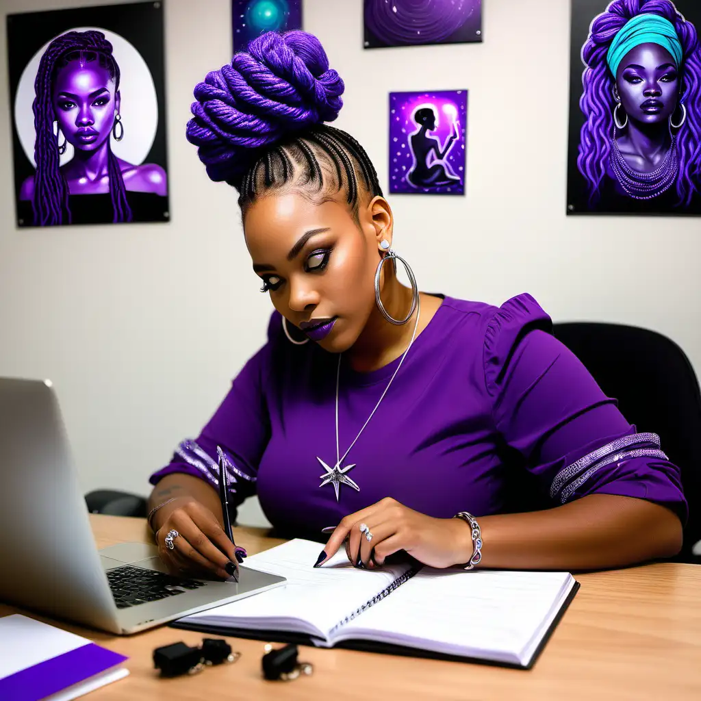  realistic vibrant image of African American woman in a purple office. she is sitting at a desk with a notebook on it, she is writing in the notebook with a black pen. her nails are white, her hair is black with braids in a bun, she is wearing silver hoop earrings and a purple shirt that says “Aquarius Est ” in turquoise . There is a bedazzled tumbler next to her notebook, and Aquarius art  on the wall behind her