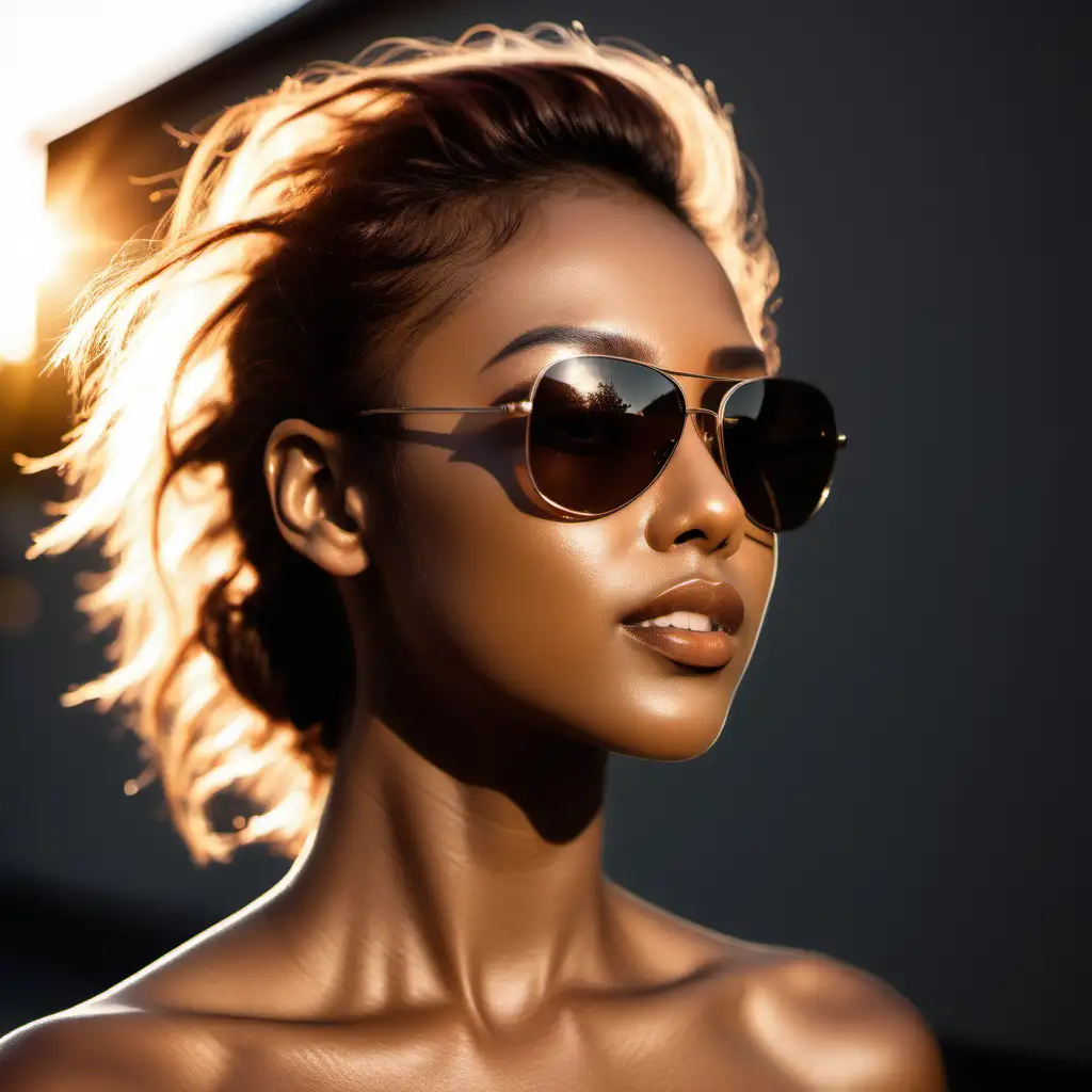 head tilted back toward the sun, of a light- brown skinned beautiful woman, with makeup on face, dark sunglasses on
