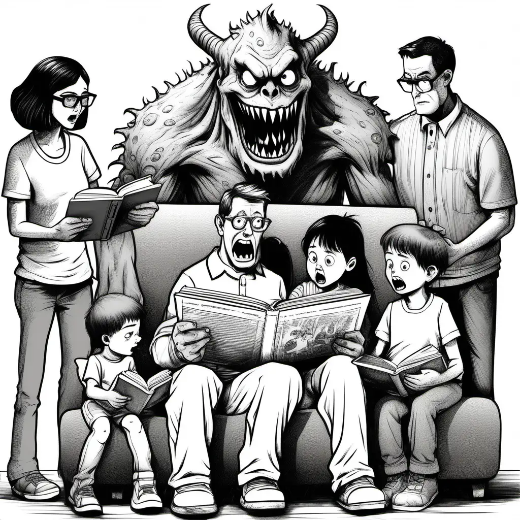 black and white drawing of One monster reading a book to a family with boys and girls and mom and dad, all looking scared and dressed in white with white background