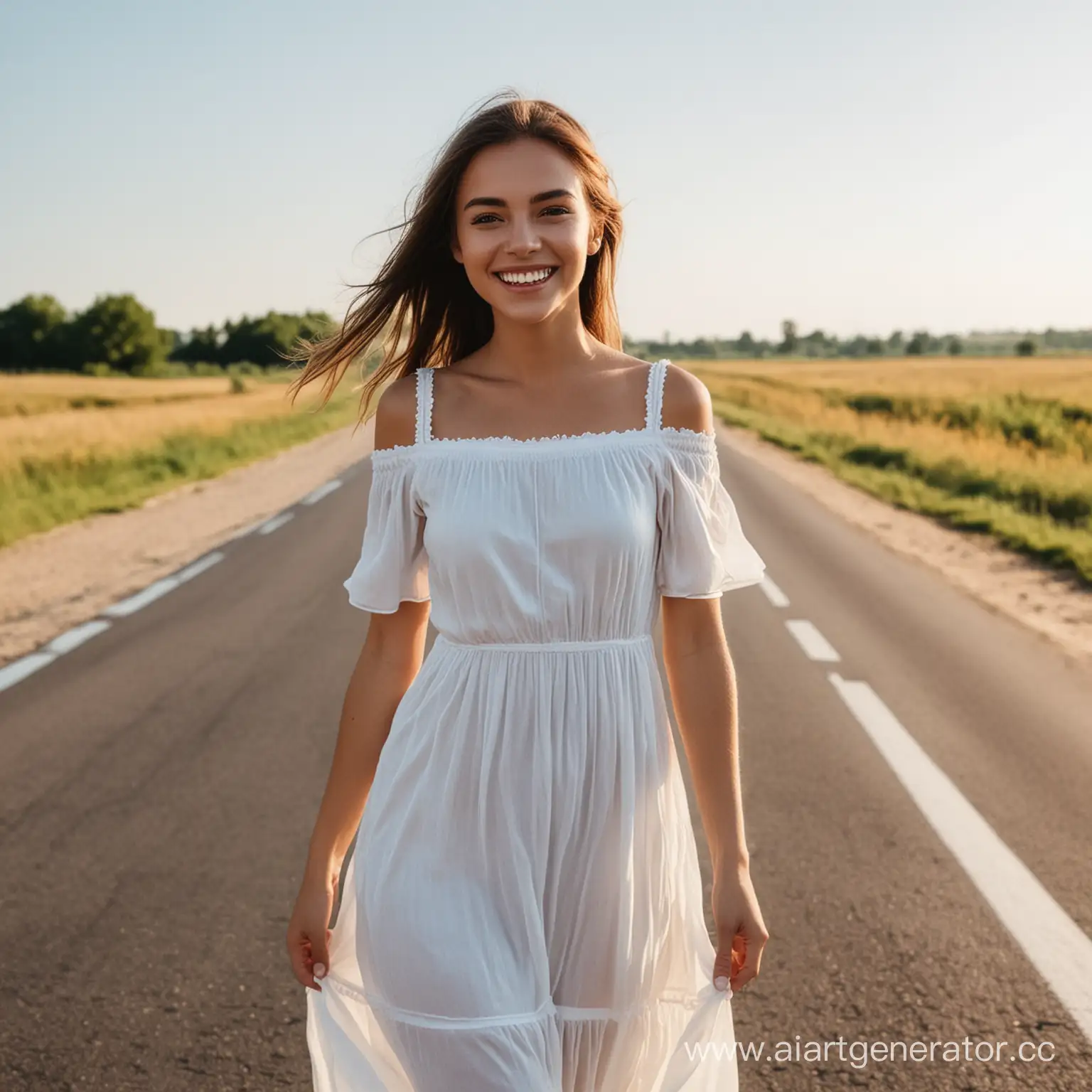 Happy-Girl-in-White-Dress-Standing-on-Summer-Road