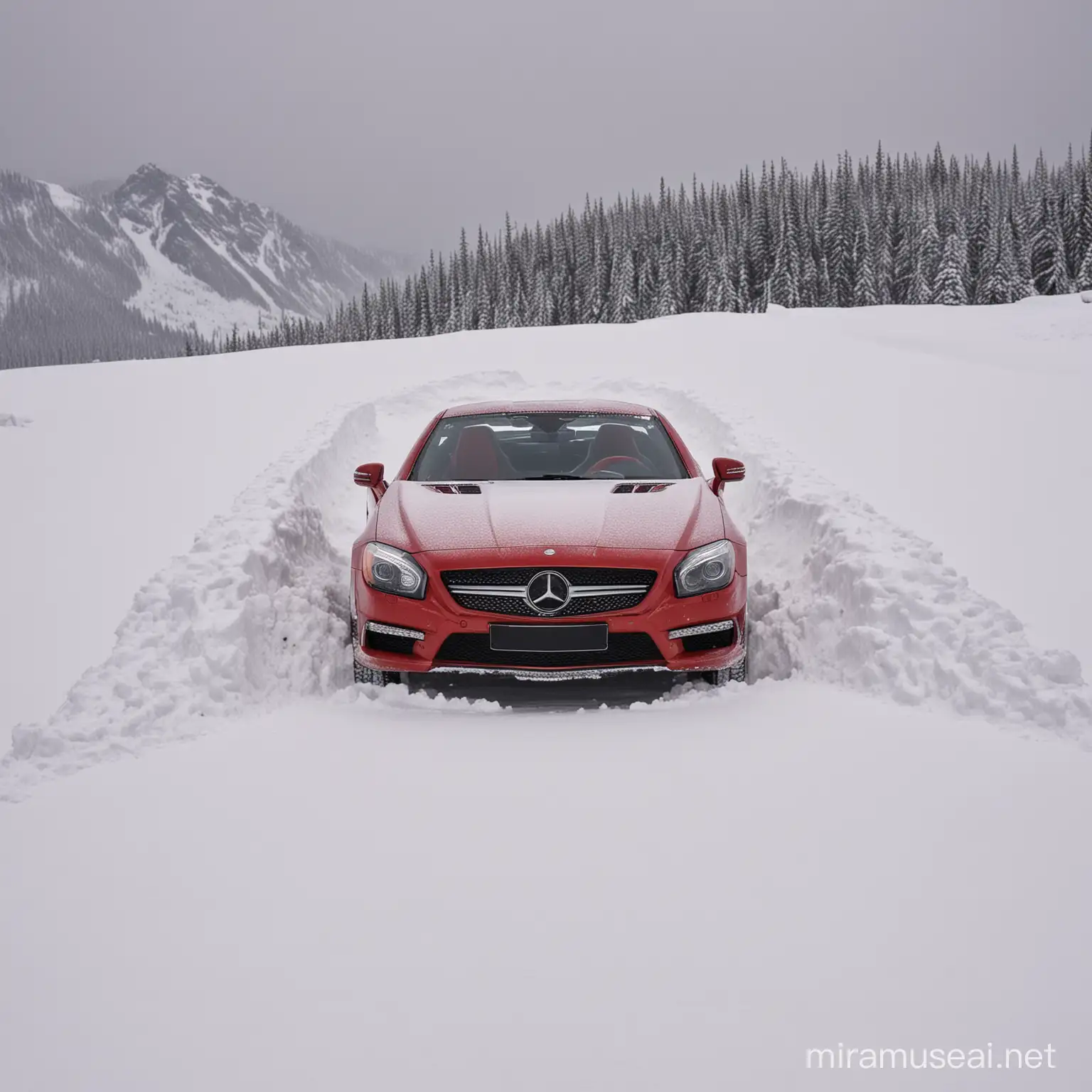 2014 Mercedes SL400, red, Arctic Circle, half buried in snow.