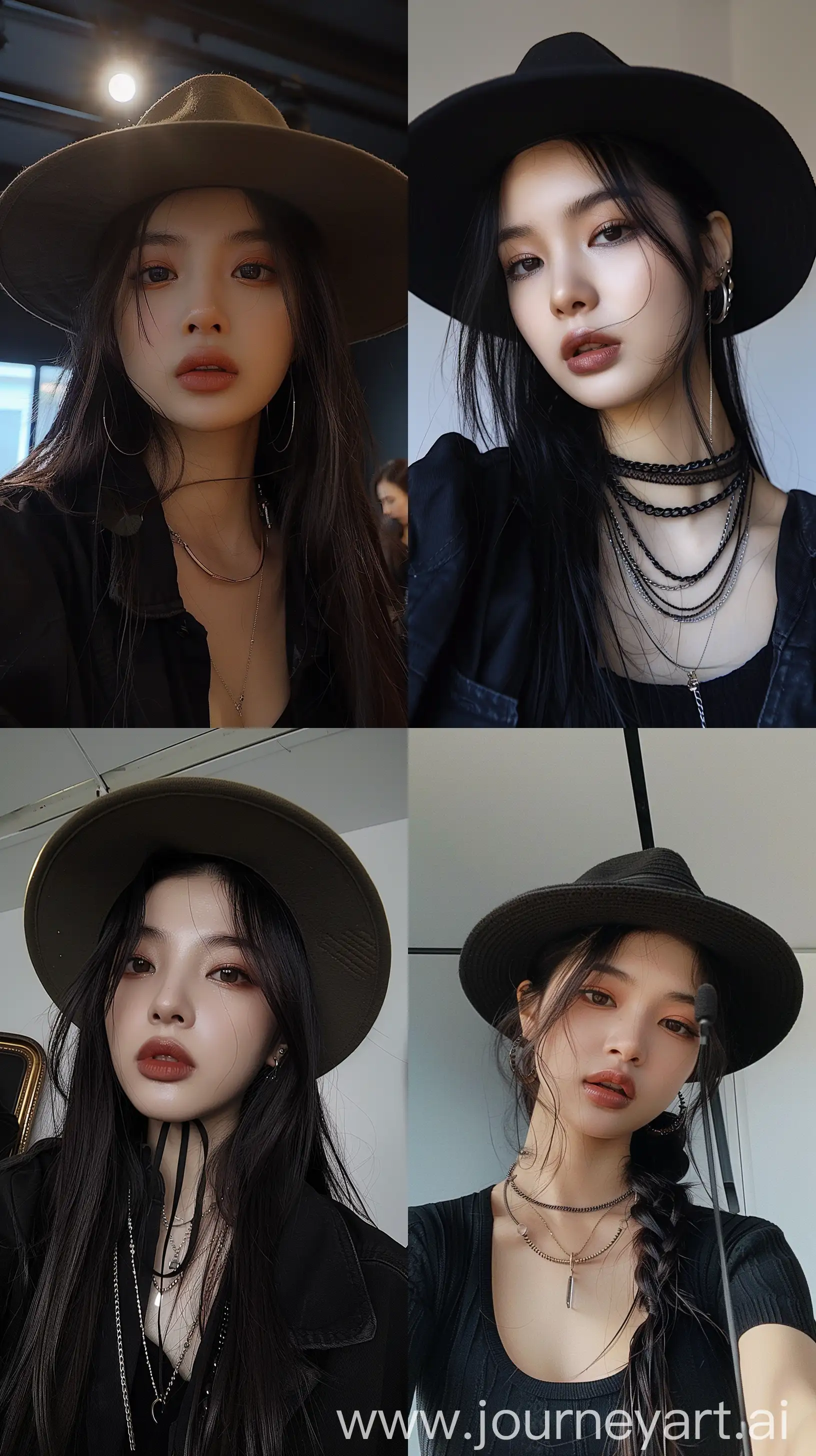 a blackpink's jennie, selfie, wearing simple black clothes, stylish flathat, aestethic make up --ar 9:16 --stylize 250
