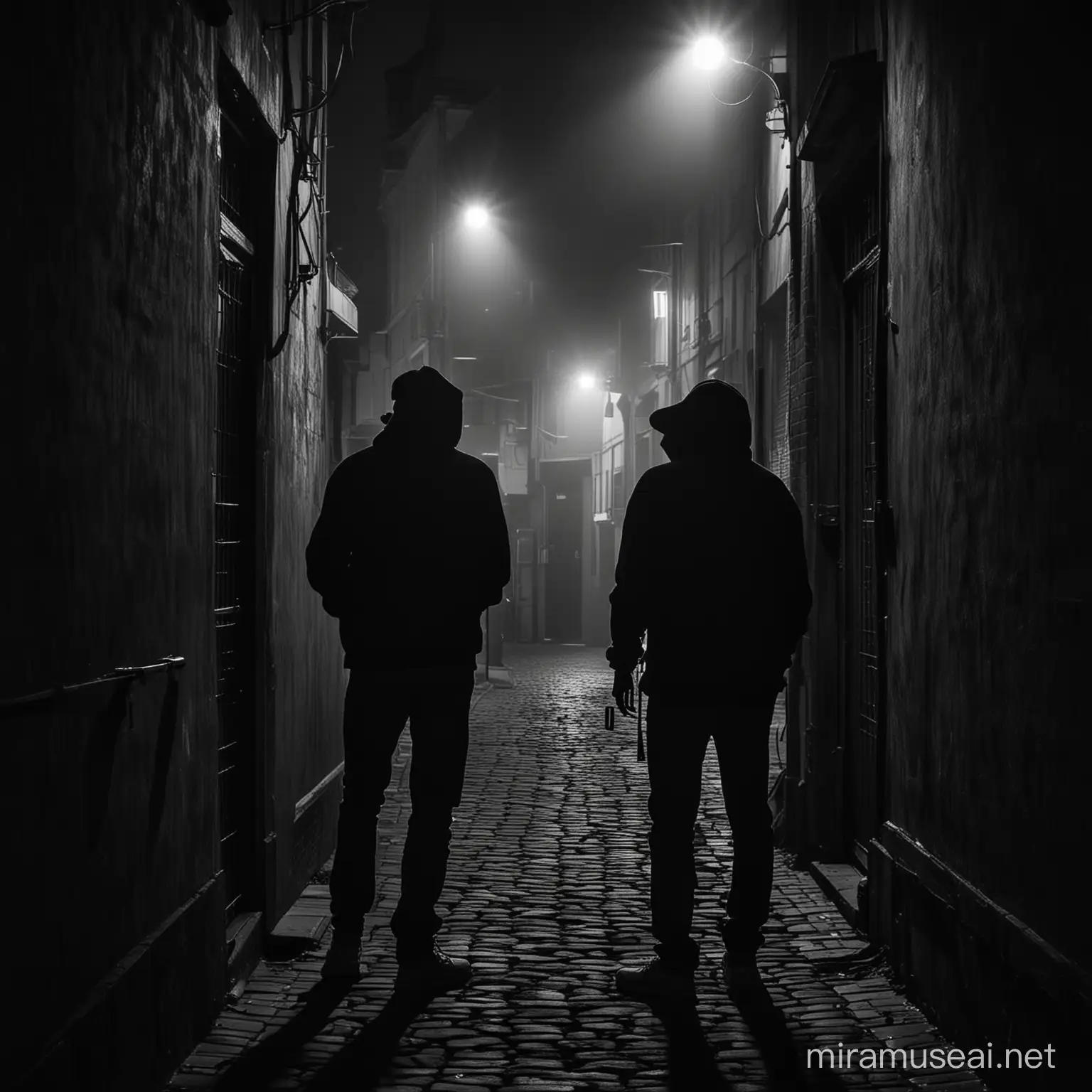 a dark ominous street in brussels at night, two male silhouettes hidden in a dark house passageway, gangster look wearing hoodies and baseball cap, one male holding a smoking a cigarette