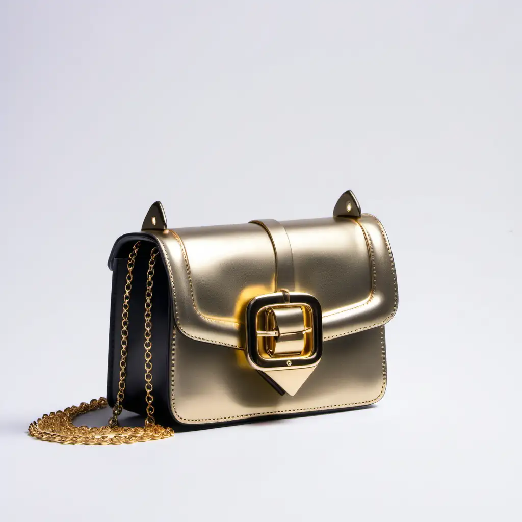 Mini luxury leather bag with flap closure and front buckle -  buckle for belt decorated - one handle - gold chain - futuristic shape