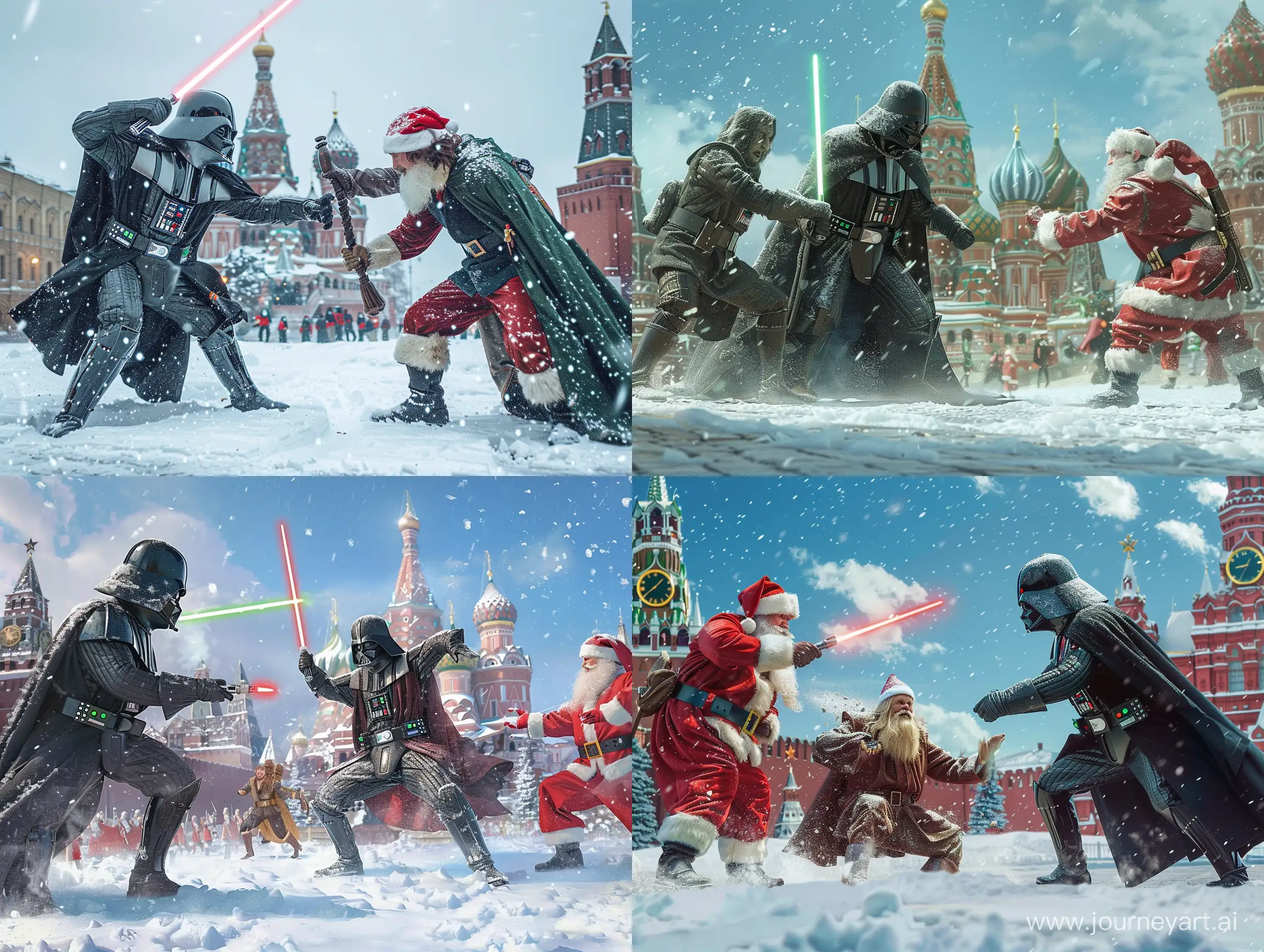 Darth Weider with a Gendalf and Frodo Begins and Santa Claus fighting on a Red Square in snowy Moscow --v 6 --ar 4:3 --no 81901