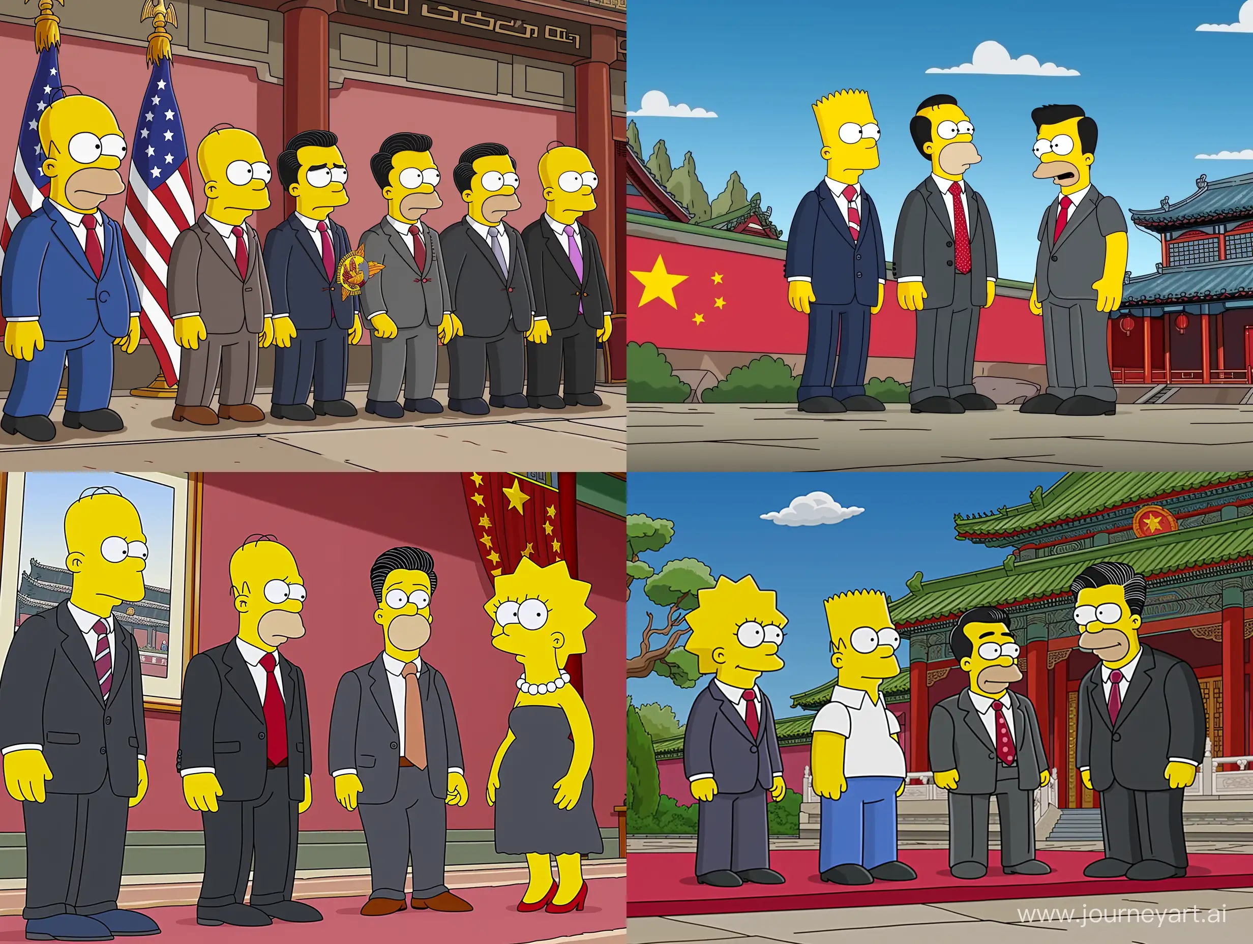 a simpsons still, the usa present meets up with the Chinese president, visuals,