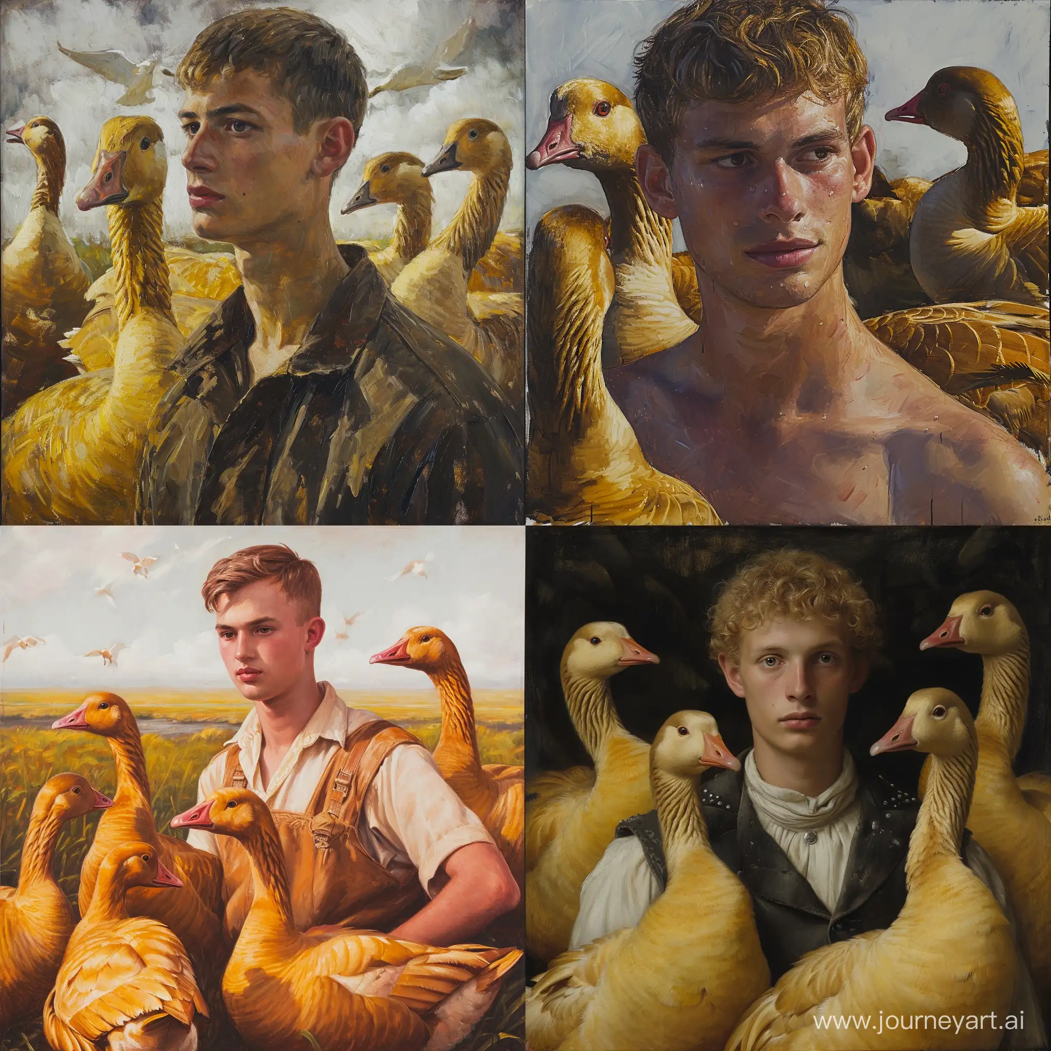 Young man and golden geese
