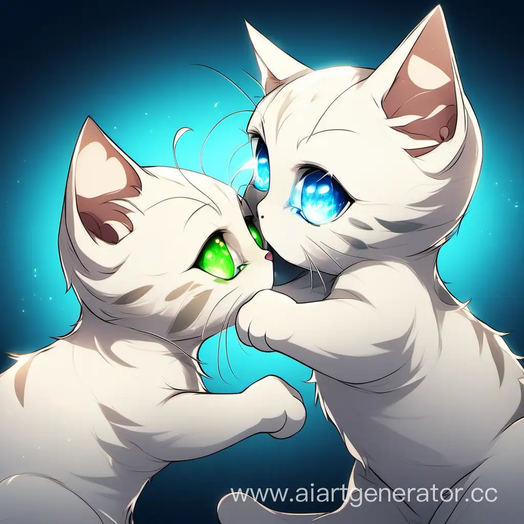 нарисуй одного котенка светлого с голубыми глазами и другого темного с зелеными глазами. и они дерутся между собой