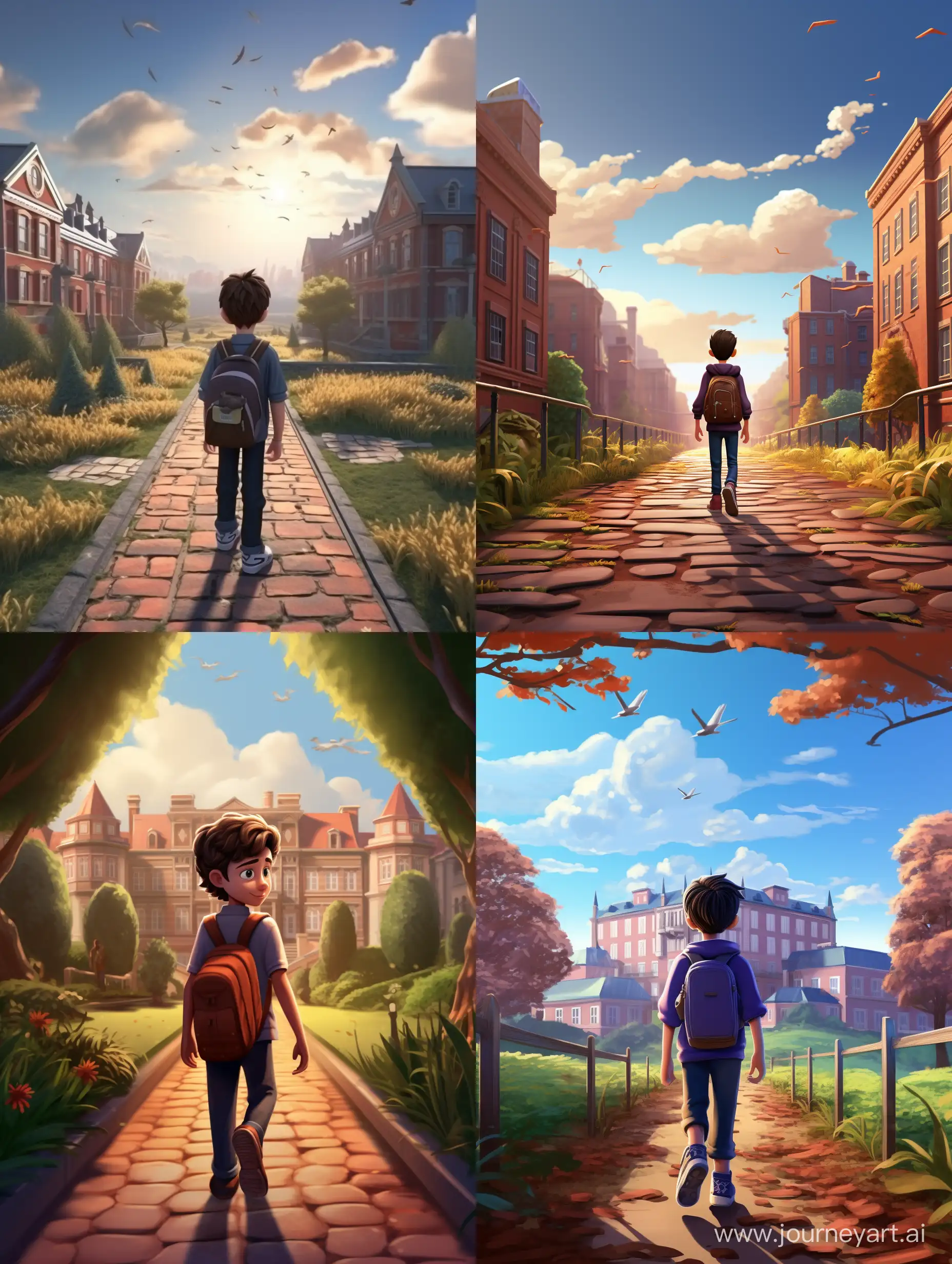 Boy-Walking-Along-Path-with-School-in-Background-Pixar-Style