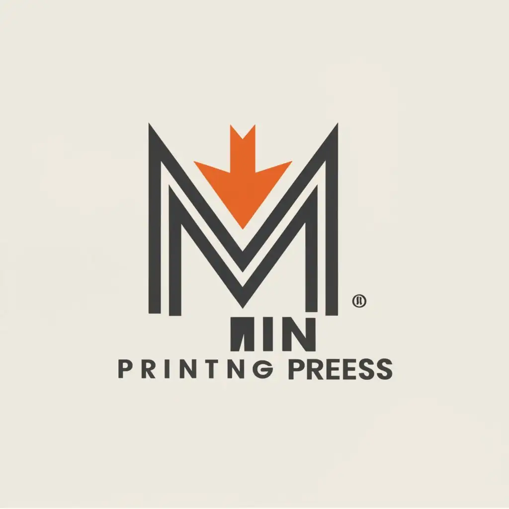 a logo design,with the text "mina printing press", main symbol:m letter with point end in one side,Minimalistic,clear background