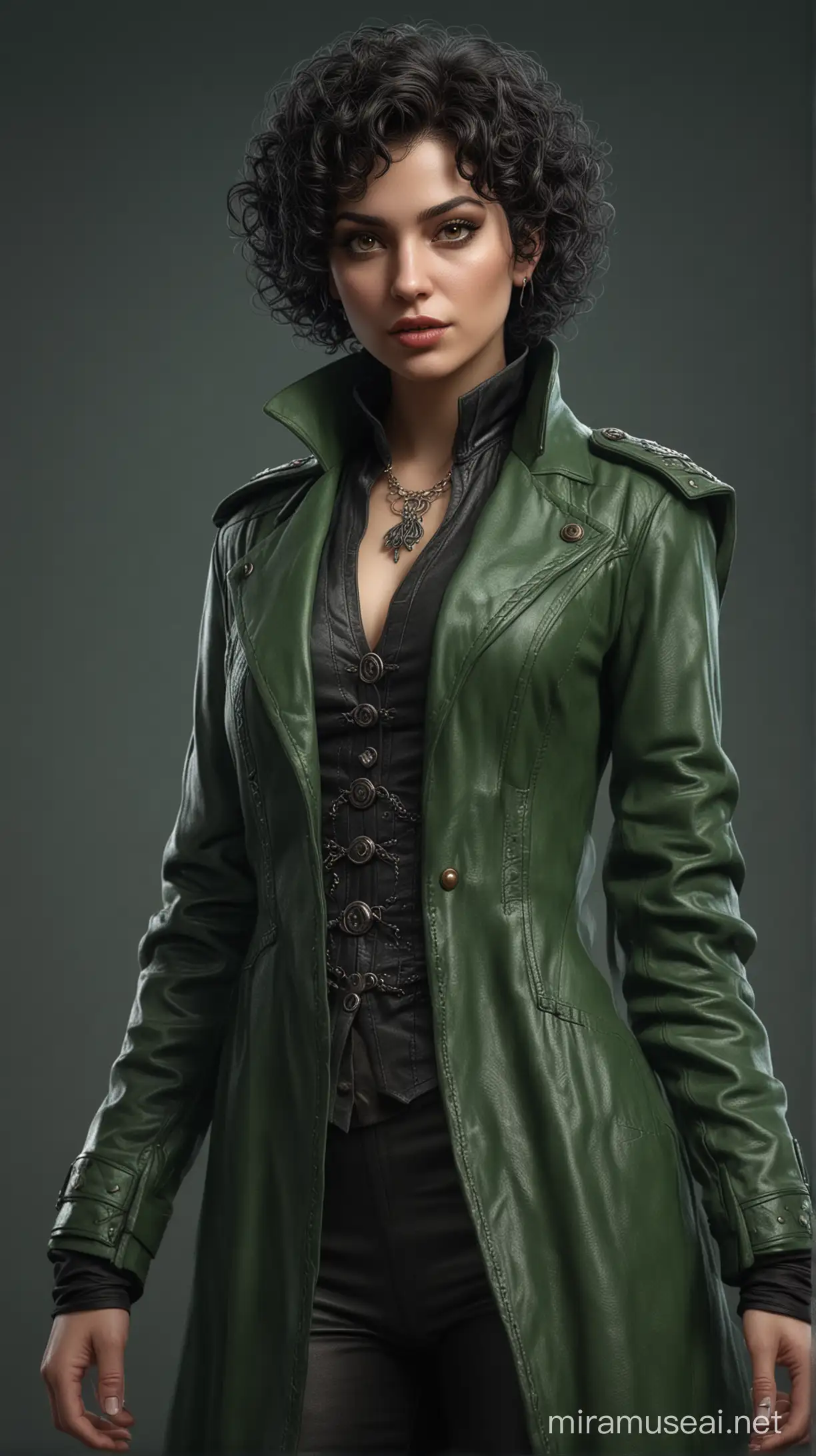 A photorealistic full-body picture of a beautiful female necromancer wizard with short black curly hair, brown eyes, big lips, green leather coat