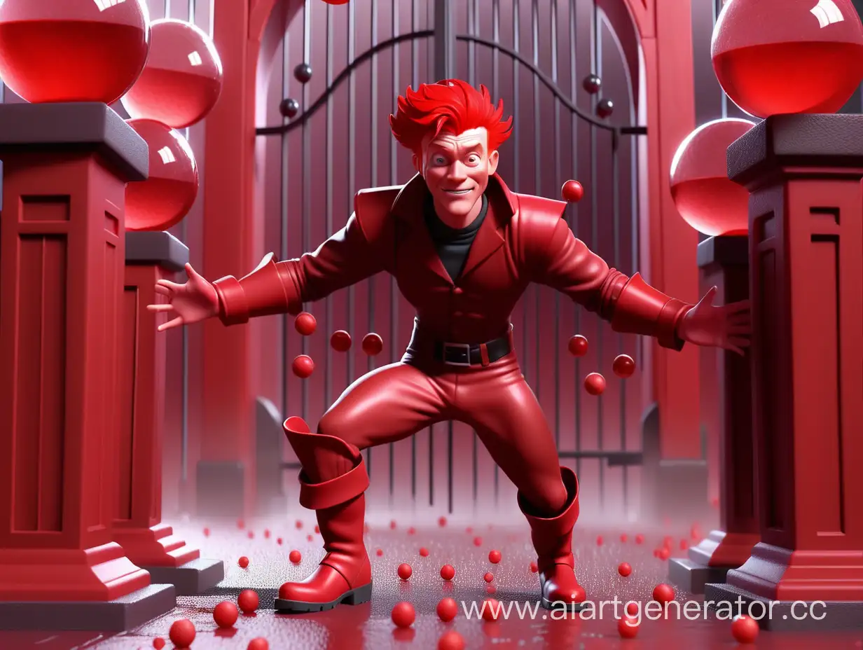 на красном  фоне  в красном   цвете  парень гнев с красными   волосами, красным костюмом и красными ботинками стоит под воротами а на него льется дождь из красных кристальных шариков которые лежат на полу
 3д анимация  