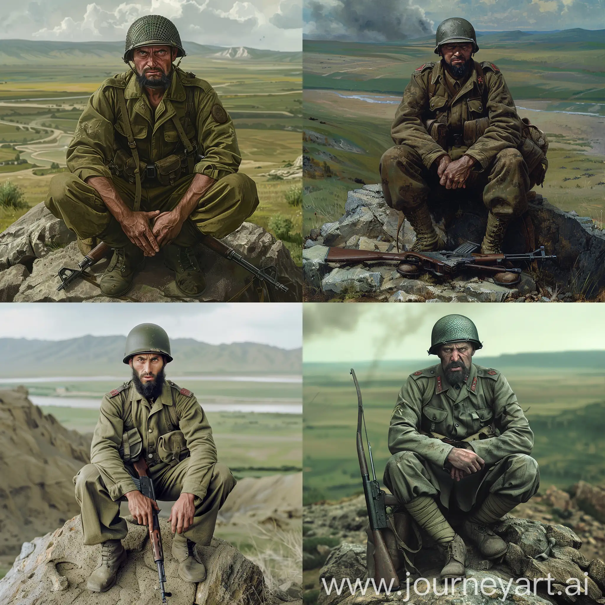 A soldier with a thin black beard, looking angrily, sitting on a rock in a calm and balanced position, his thighs pressed together. The soldier leans slightly to the left.  He wears an olive military uniform, helmet and quiver.  His hands are next to his knees and he holds a Kalashnikov rifle horizontally.  In the background, there is a plain and green mountains