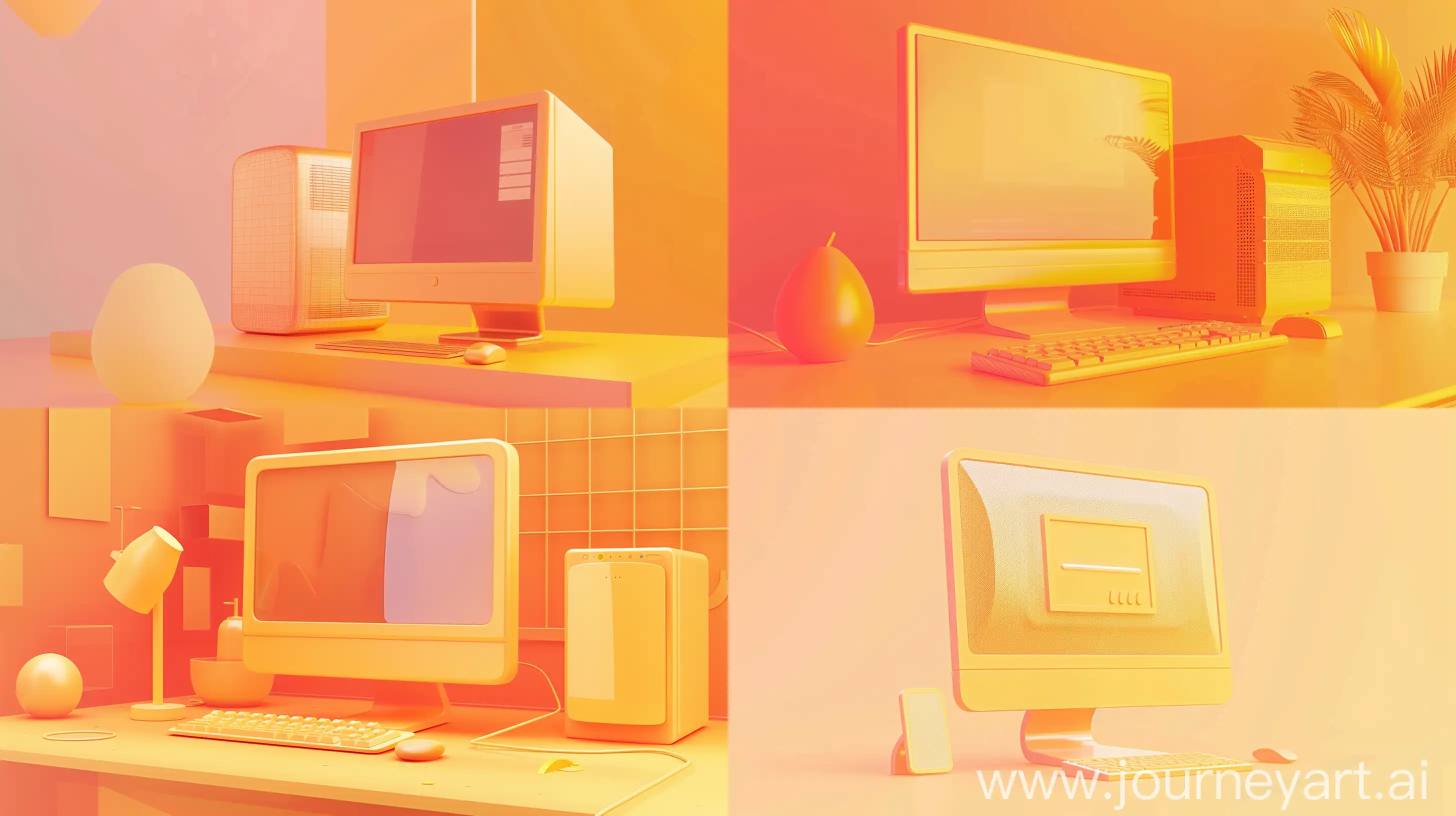 simple 3D ui illustration of a computer, in the style of soft lines and shapes.abstract.minimalism. gradient color, Saffron Mango color and Sunrise Orange color theme, transparent texture, website header --ar 16:9