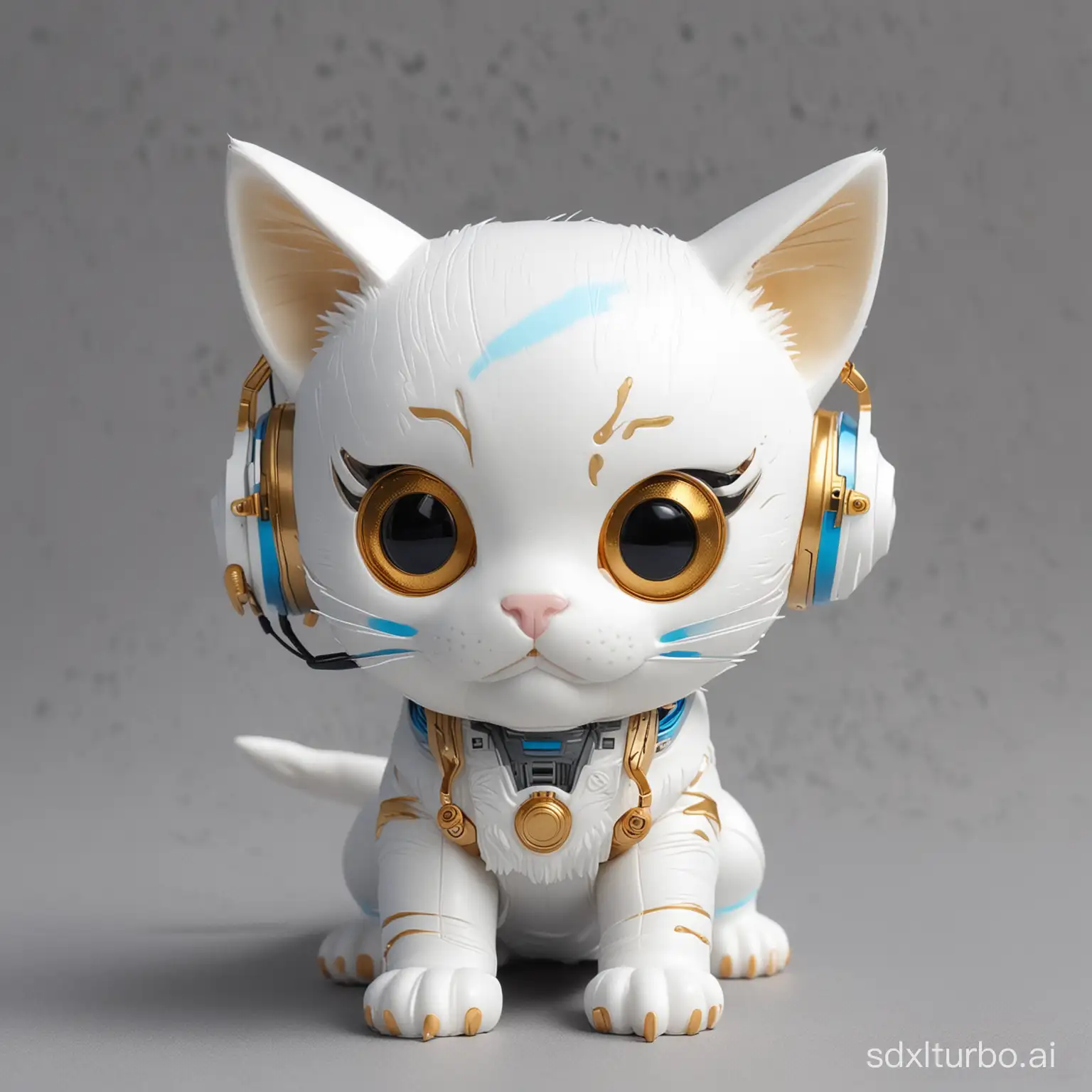 cyberpunk future home kitten toy, from white plastic, with pointy ears, curvy lines, with headphones, looks friendly for kids, cute, with with hidden agenda, one eye is blue, second eye is gold