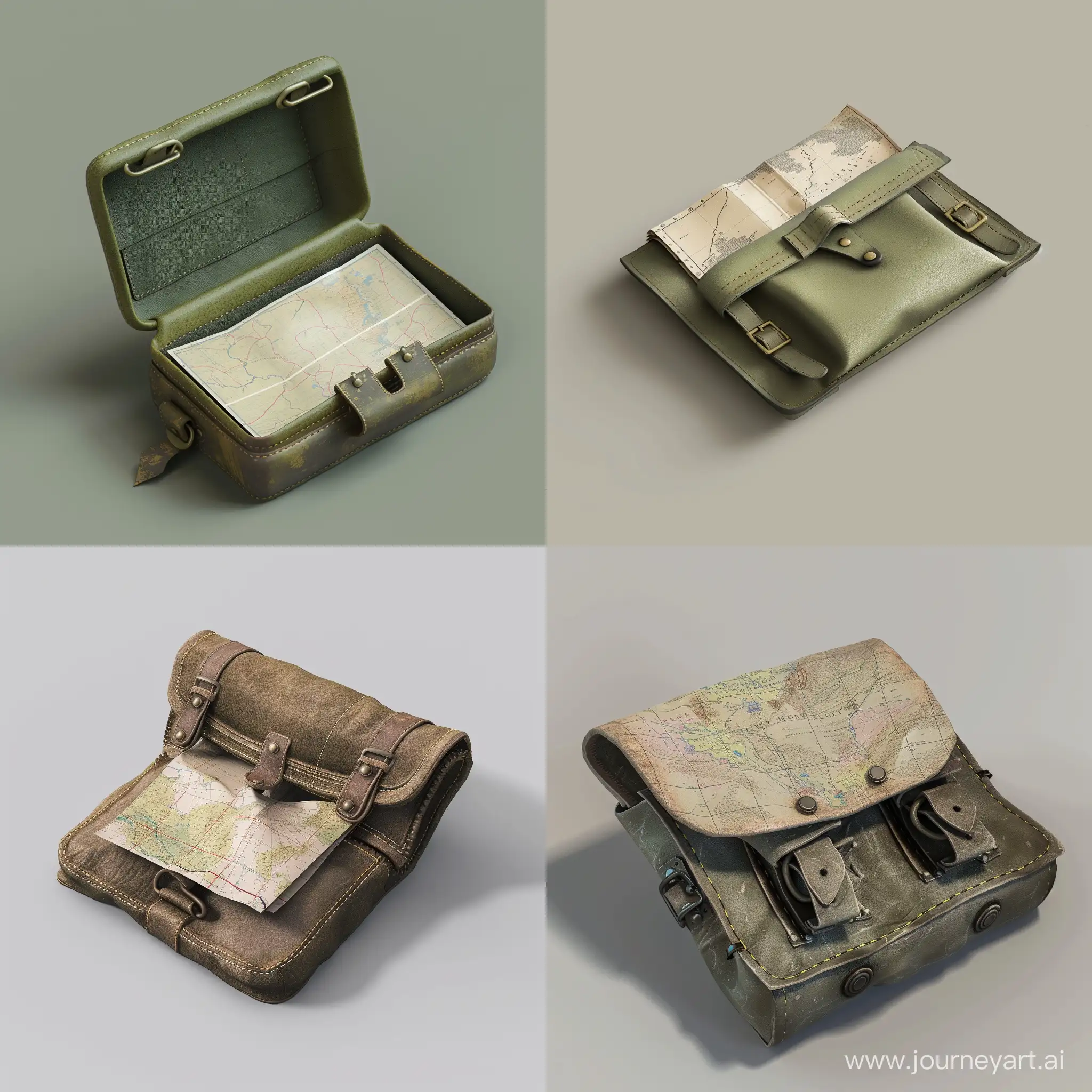 isometric military mapping kit folded paper map in small opened military leather pouch, realistic, 3d render, no background
