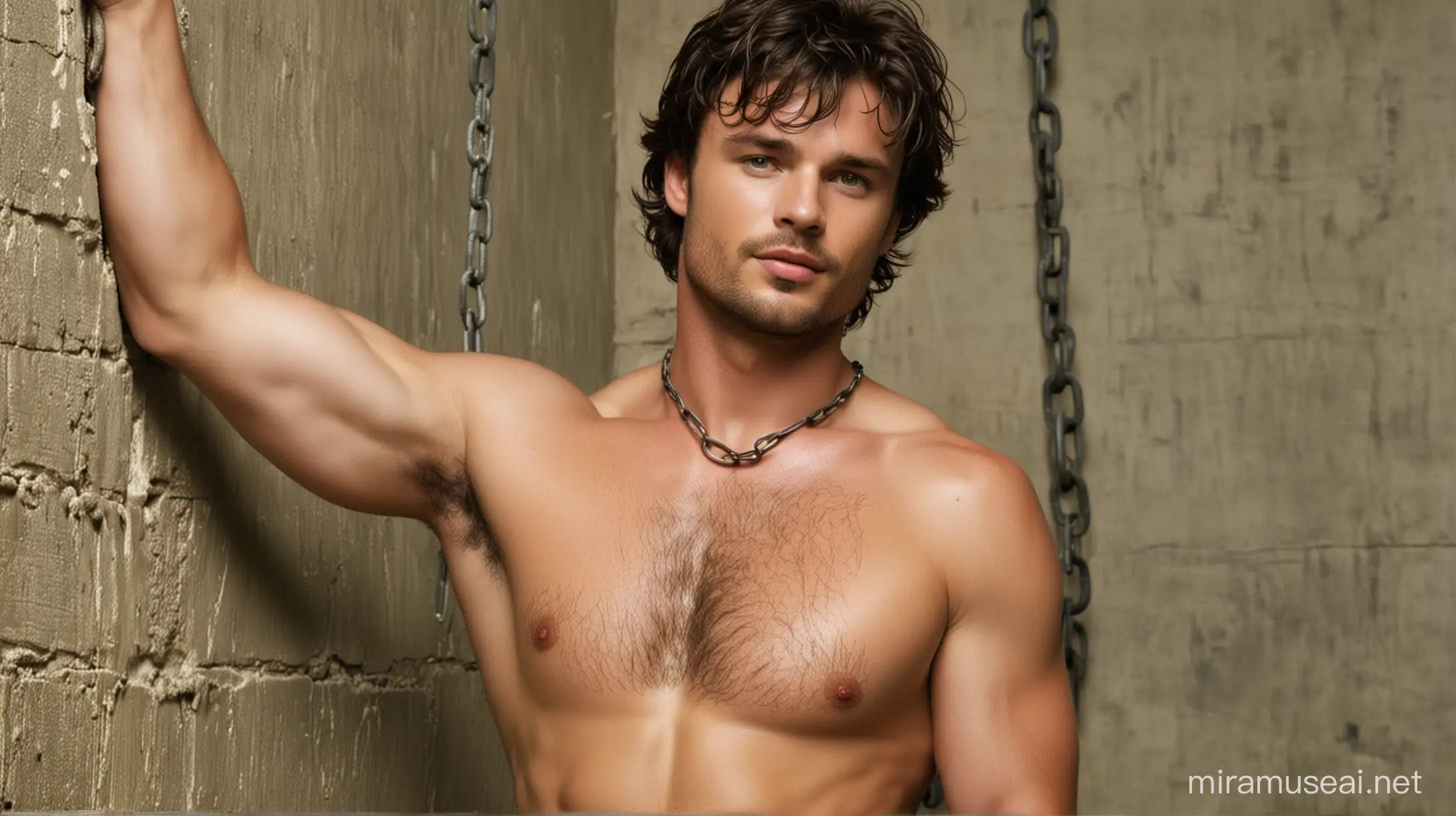 Old prison. Hairy teenage version of 15-year-old actor Tom Welling, but with a beard and a hairy body. Welling is a prisoner, green eyes, shirtless, very hairy chest, arms raised and stretched, wrists tied with chains to the prison wall, showing very hairy armpits, short hair, serious expression, bearded, very hairy body and chest.