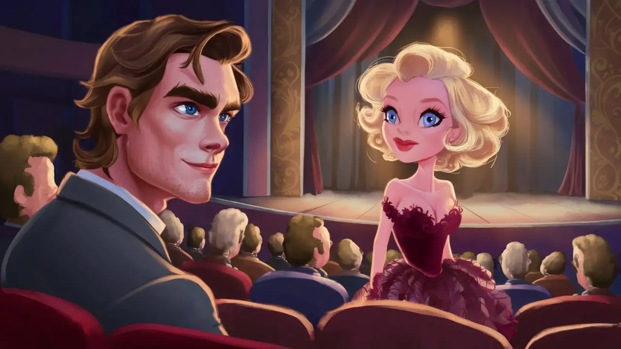 A tall handsome man with wavy brown hair and blue eyes, sat in the audience watching a theatre show, on stage is a short blonde woman with big blue eyes, wearing a burgundy dress