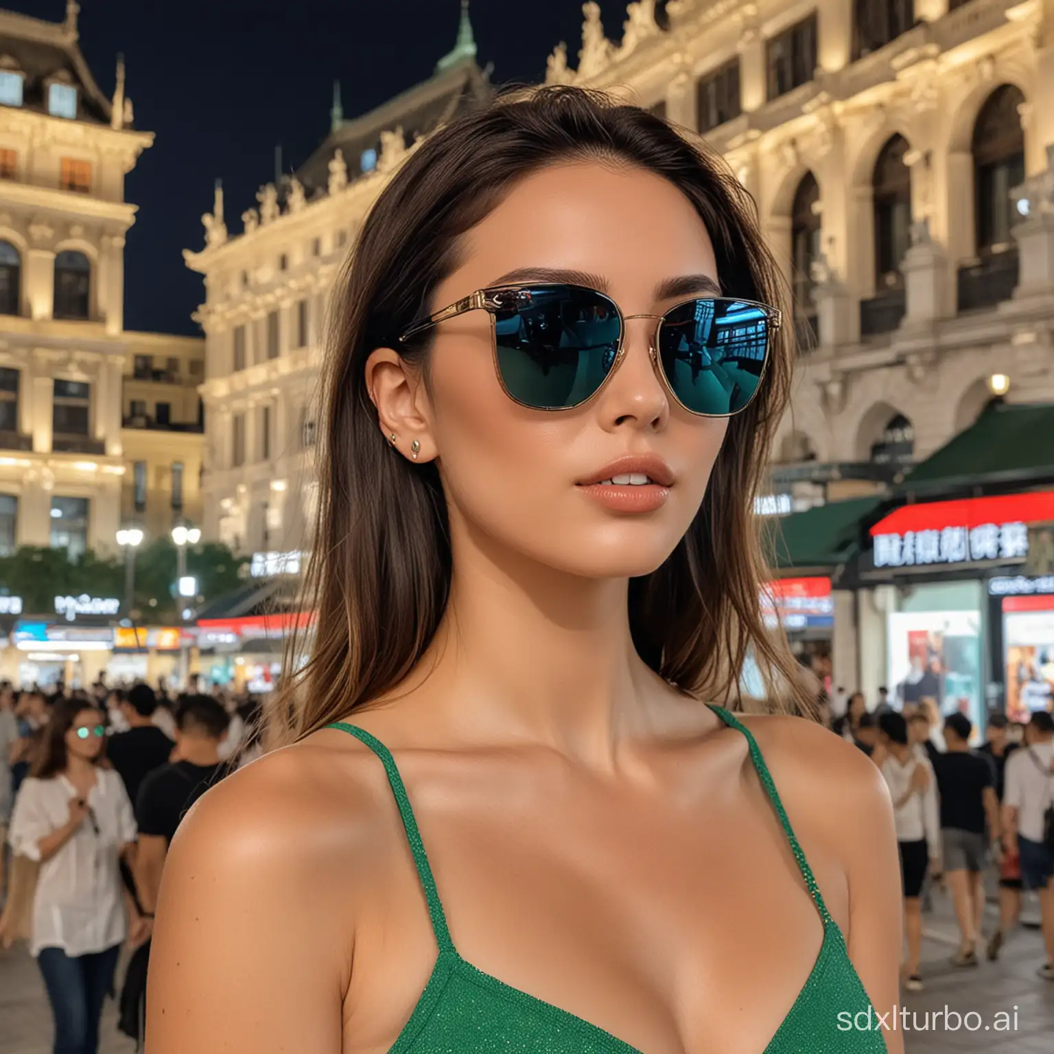 In the center of a busy square there is a hot and sexy European beauty with black sunglasses, shuttling jade among the crowd, the square is brightly lit, high-tech products are endless, and now the sense of technology is full!