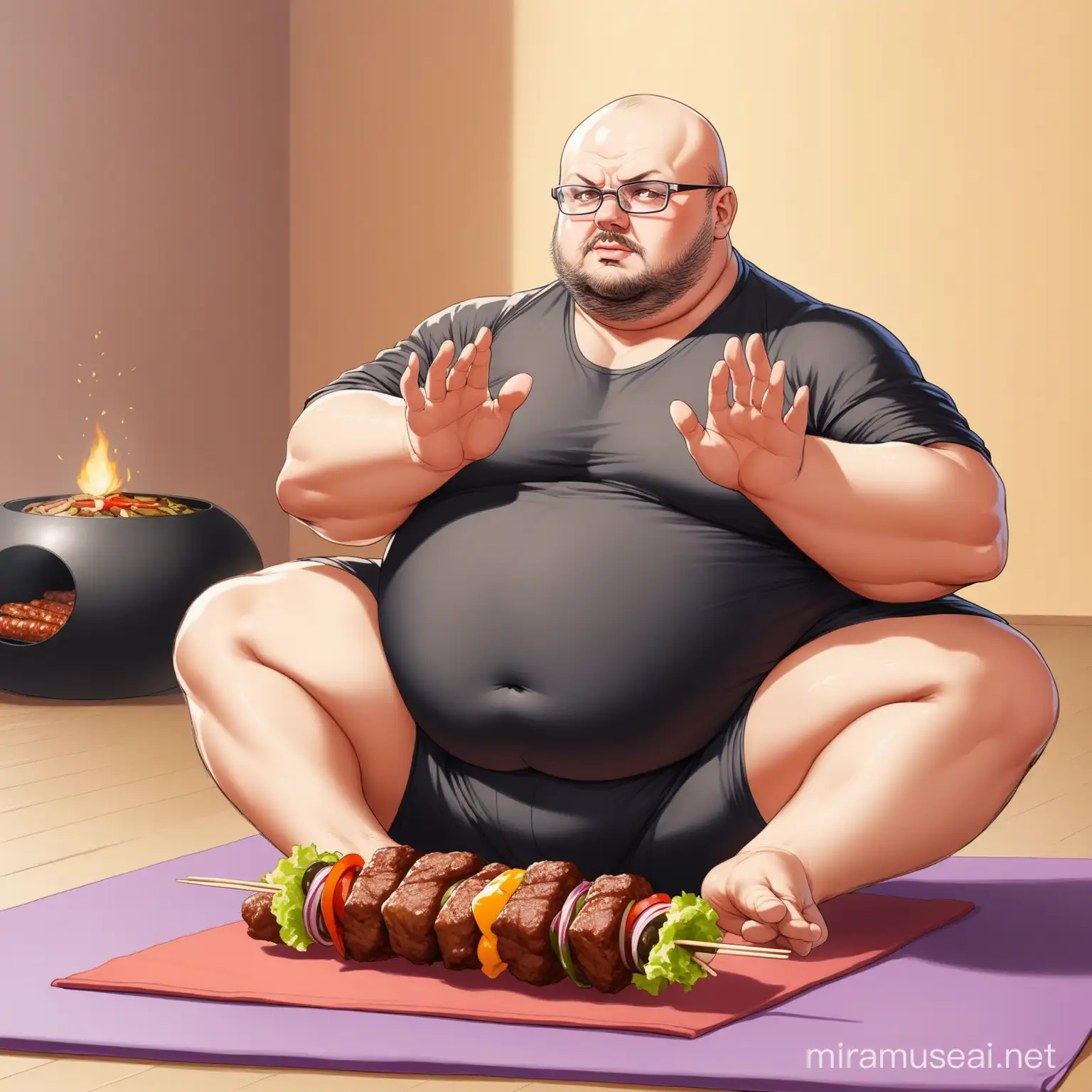 balding, overweight slavic man, with glasses spread eagled on the ground at yoga with kebab