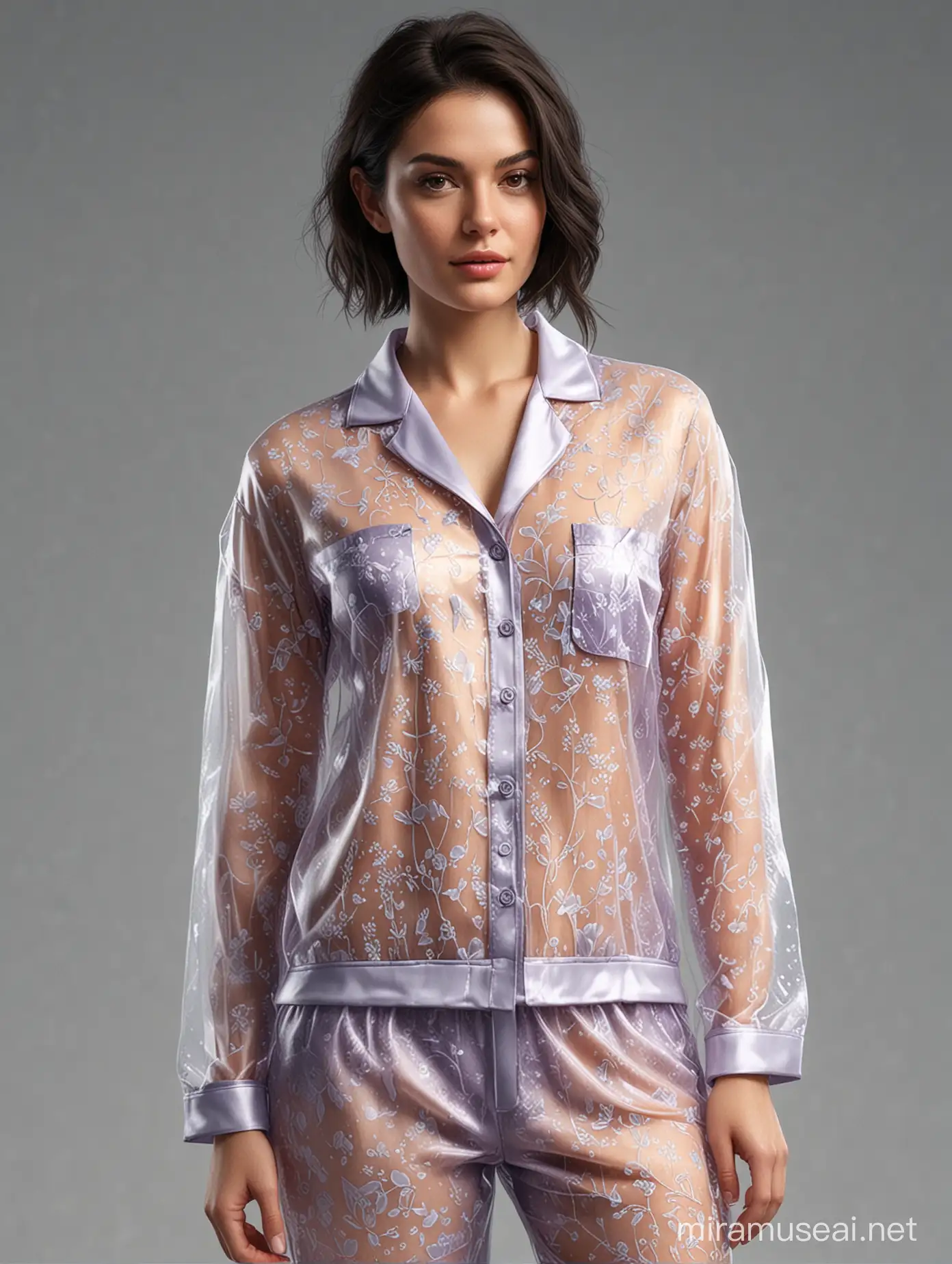 Create an image in a photorealistic style: a woman with dark hair in her modern, unusual outfit, which is transparent pajamas. This outfit should be highlighted with impressive details that show the complexity and sophistication of the transparent fabric, as well as providing a clear view of the texture in bright, vibrant shades.