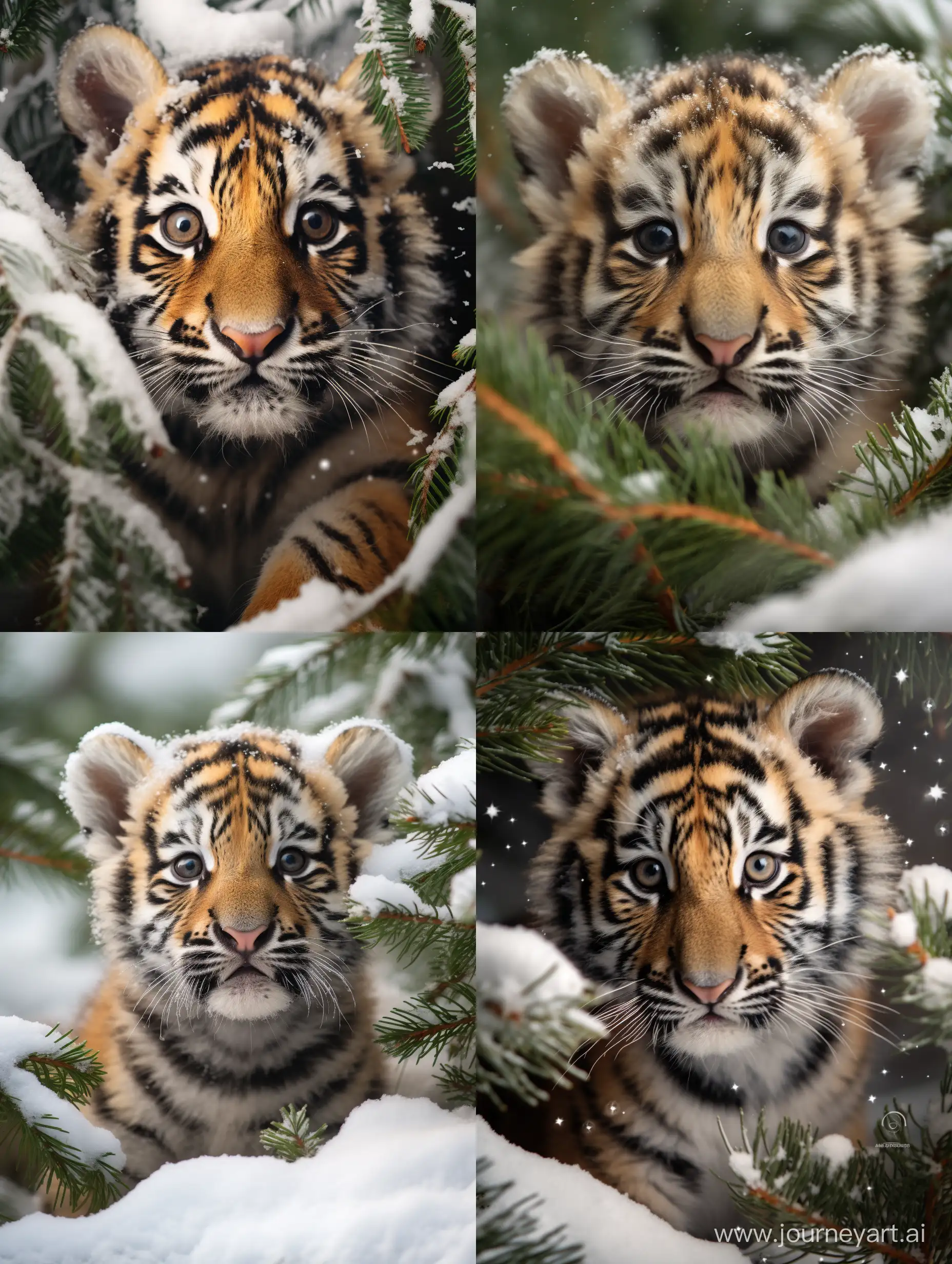 little tiger cub, professional photo, 15mm,f/2.8,1/500s, iso2000,bottom-up view, в снегу, под новогодней елью, праздничная атмосфера, высокая детализация, крупный план
