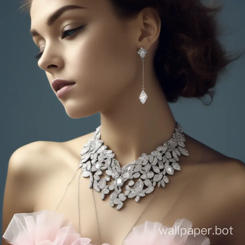 A photo taken shows a close-up of a young woman wearing a short dress with tulle sequins decorated with a sweetheart neckline. She only needs to show a delicate necklace around her neck, which is embellished with a 1CT sparkling zircon. , adds a great visual focus to your neck. . Necklaces of different colors and materials show the girl's personality and taste. Necklaces can vary in length and layering to create a unique visual effect. Through the processing of light and details, the brightness and texture of the necklace are highlighted. Make sure that the girl's image and the necklace she designs complement each other, balancing and complementing each other. The final design is a real photo, and the final design should be stylish and impressive.