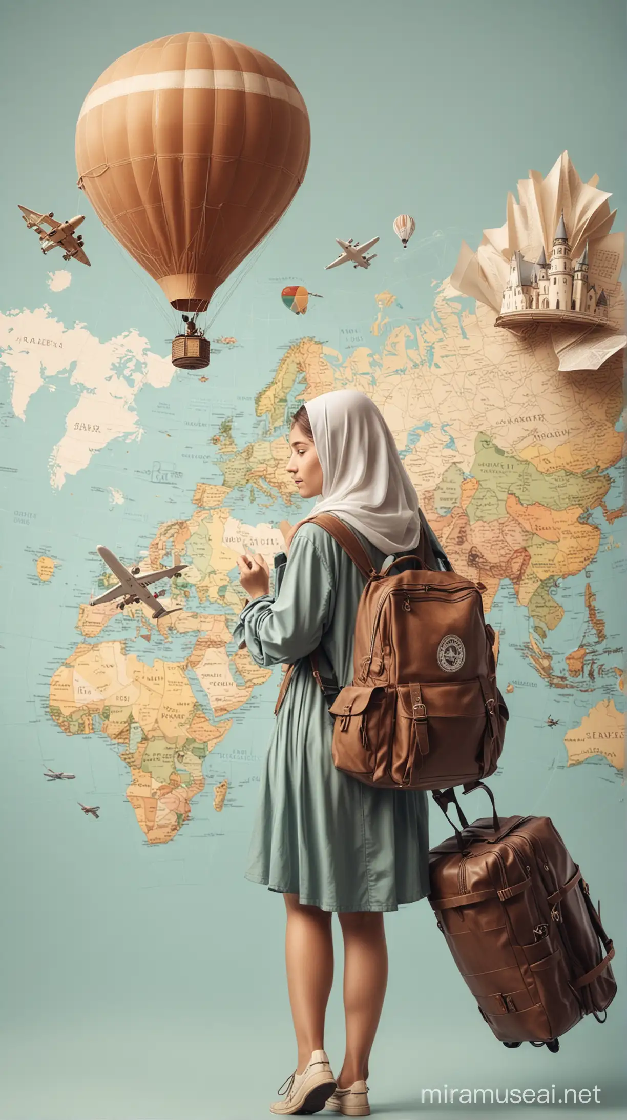 Veiled Girl with Wanderlust Carrying Travel Bag and Dreaming of Global Adventure