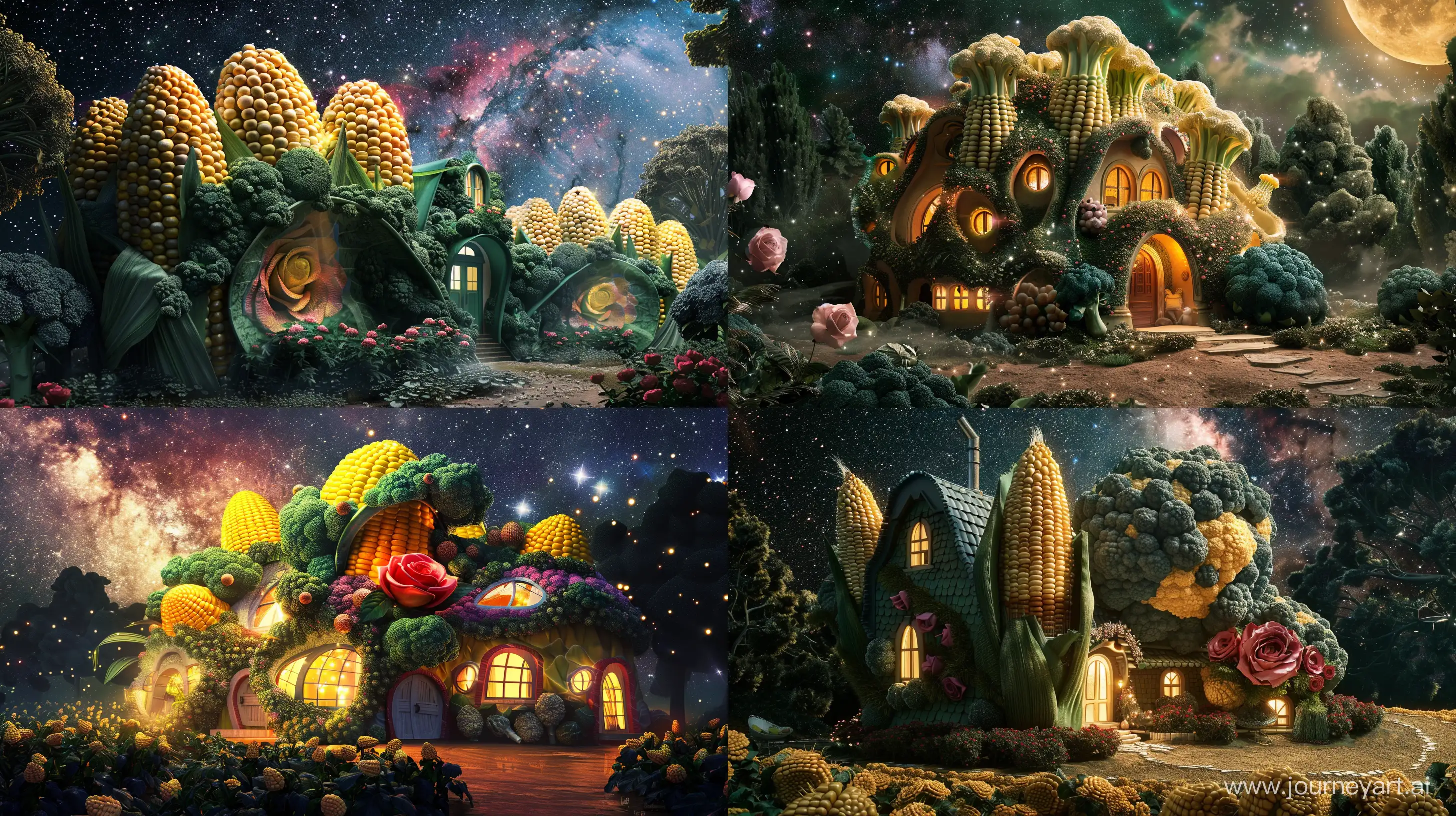 luxury house in the shape of corn and broccoli and rose, in the galaxy, fantasy style, realistic --ar 16:9