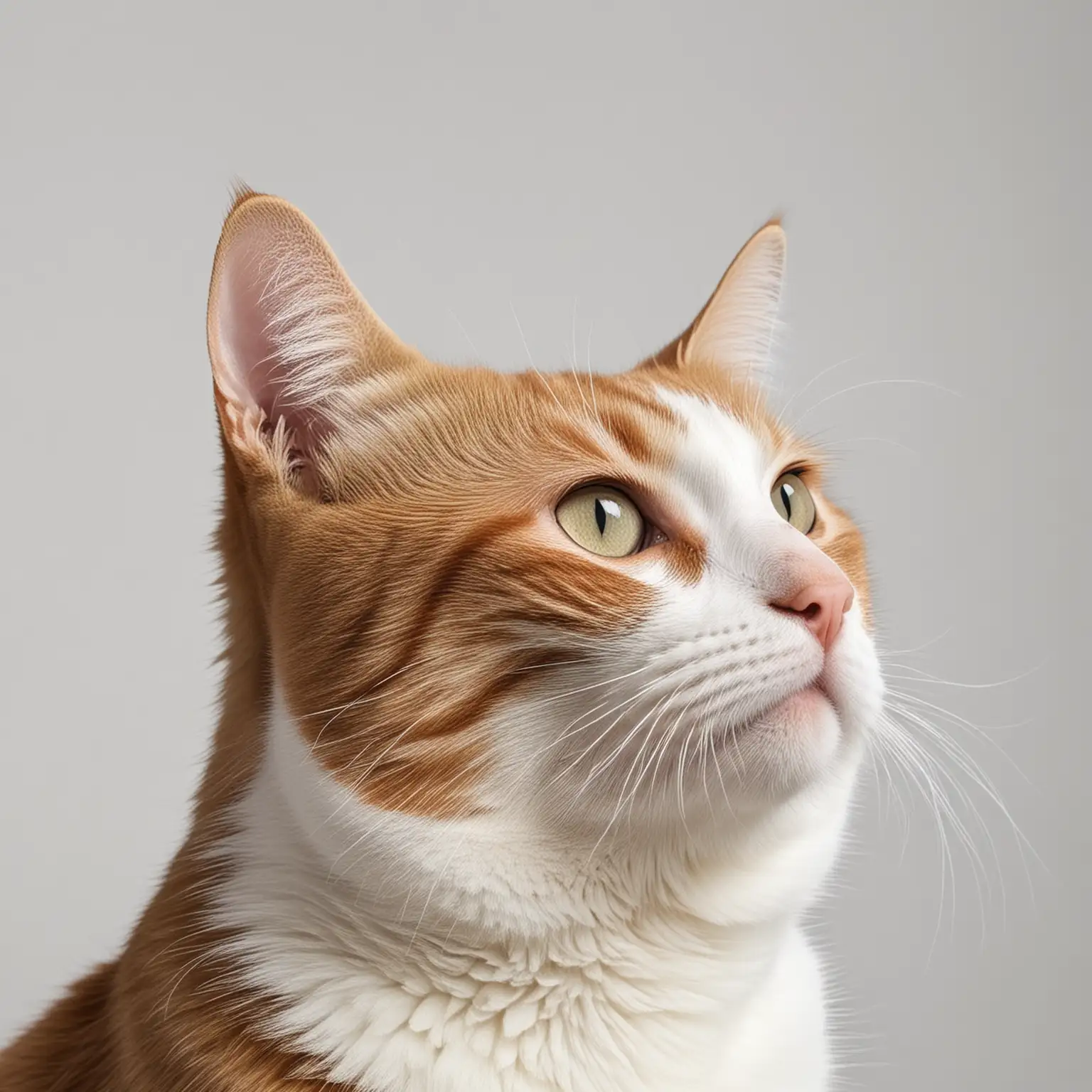 Gato mirando de lado hacia arriba con un fondo blanco