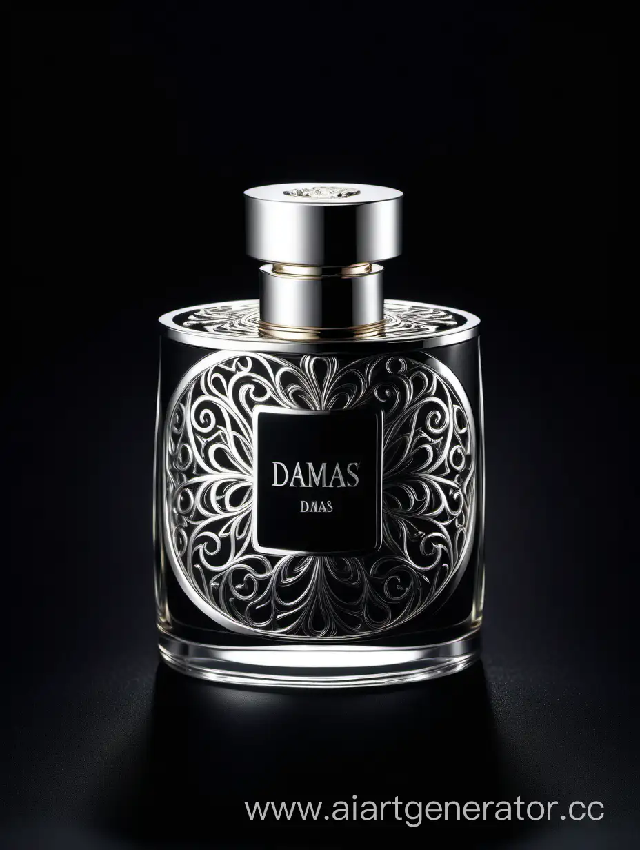 Elegant-3D-Silver-and-Black-Perfume-Against-Dark-Background