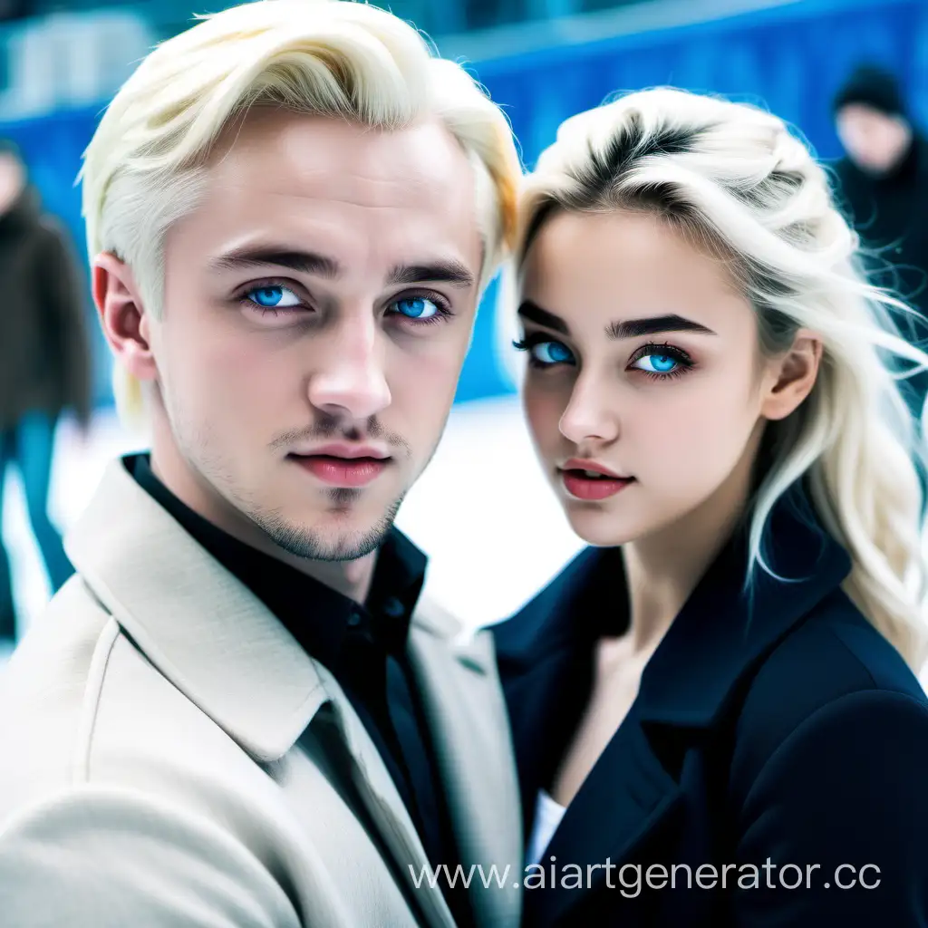 Handsome young attractive Draco Malfoy at the ice rink with a beautiful young hot, attractive girl with blonde hair and blue eyes