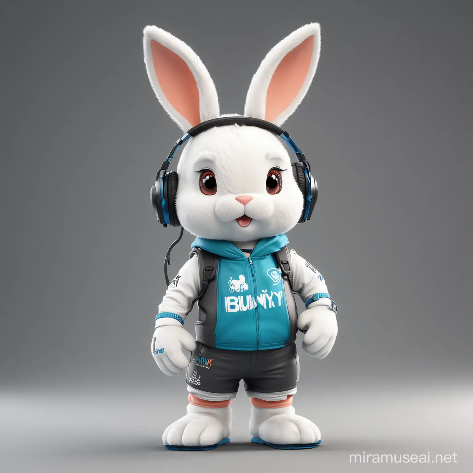 logo, bunny, mascot, sport, have full body bunny,  wear headphone, caster, 35 degree inclined surface, motivate