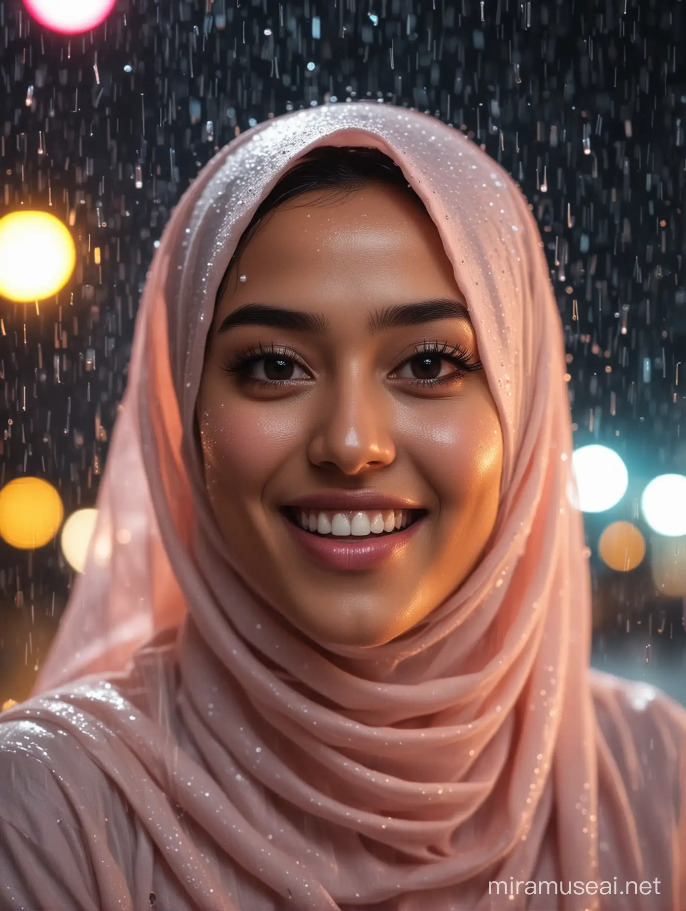 Joyful Indonesian Hijab Woman Dancing in Rainy Night Town