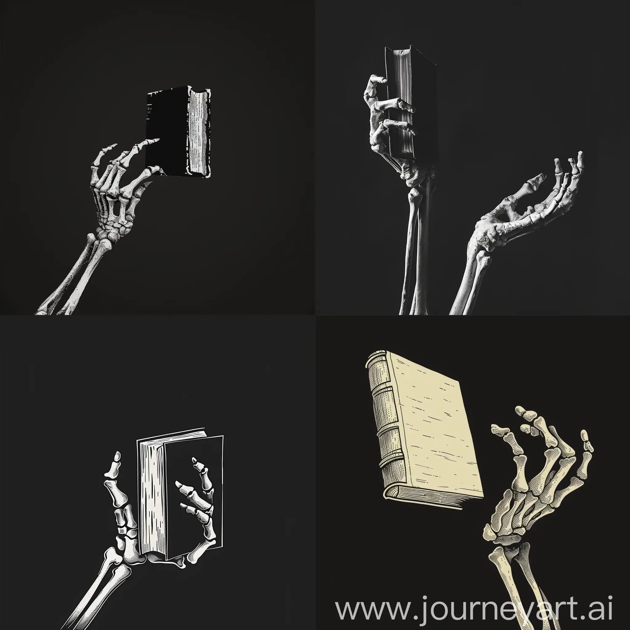 skeleton hand holding an invisible book, logo, minimalistic, black background