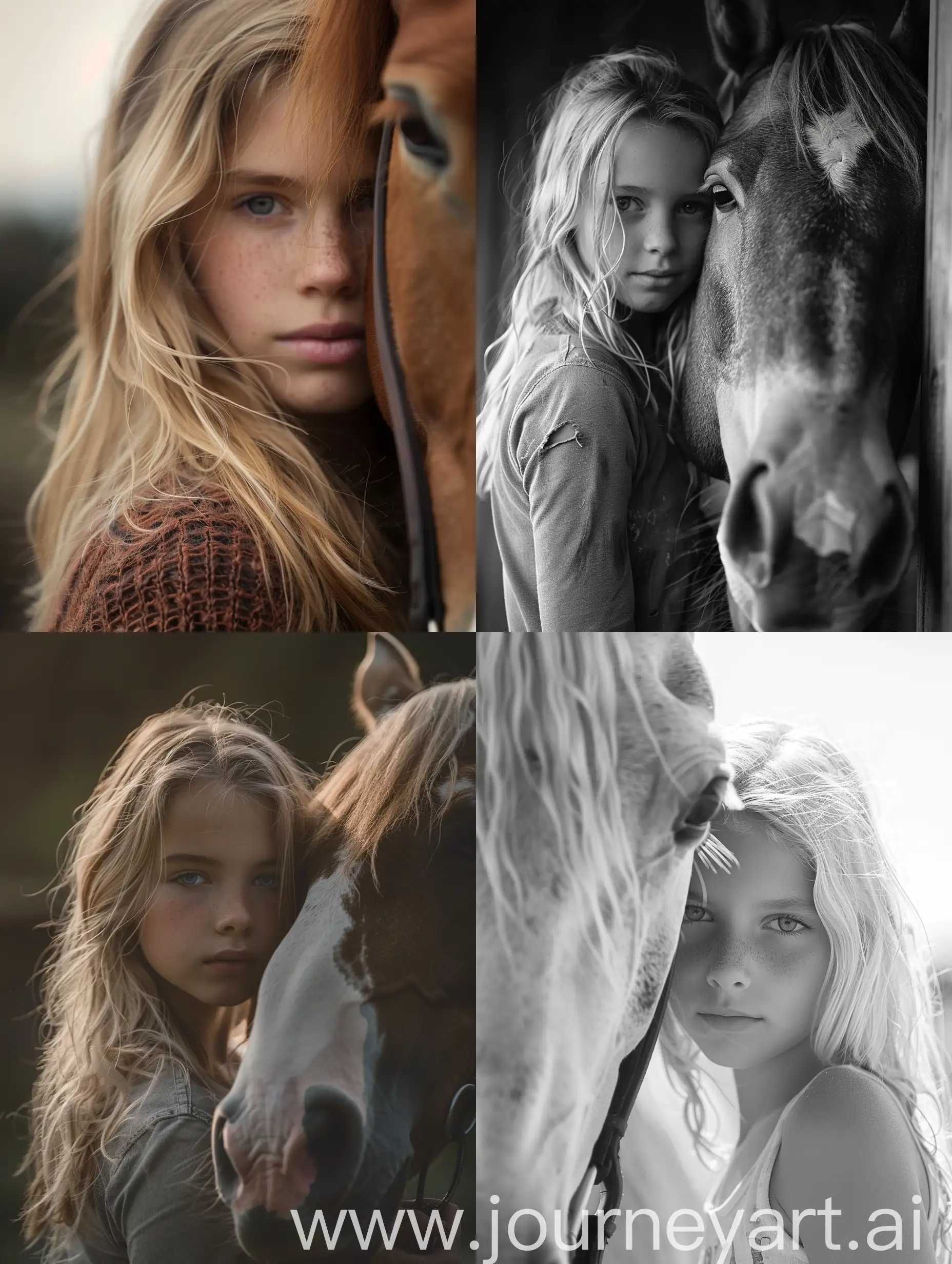 A girl with blonde hair stands near a horse her face is clearly visible and looks at the camera realistic photo believable  