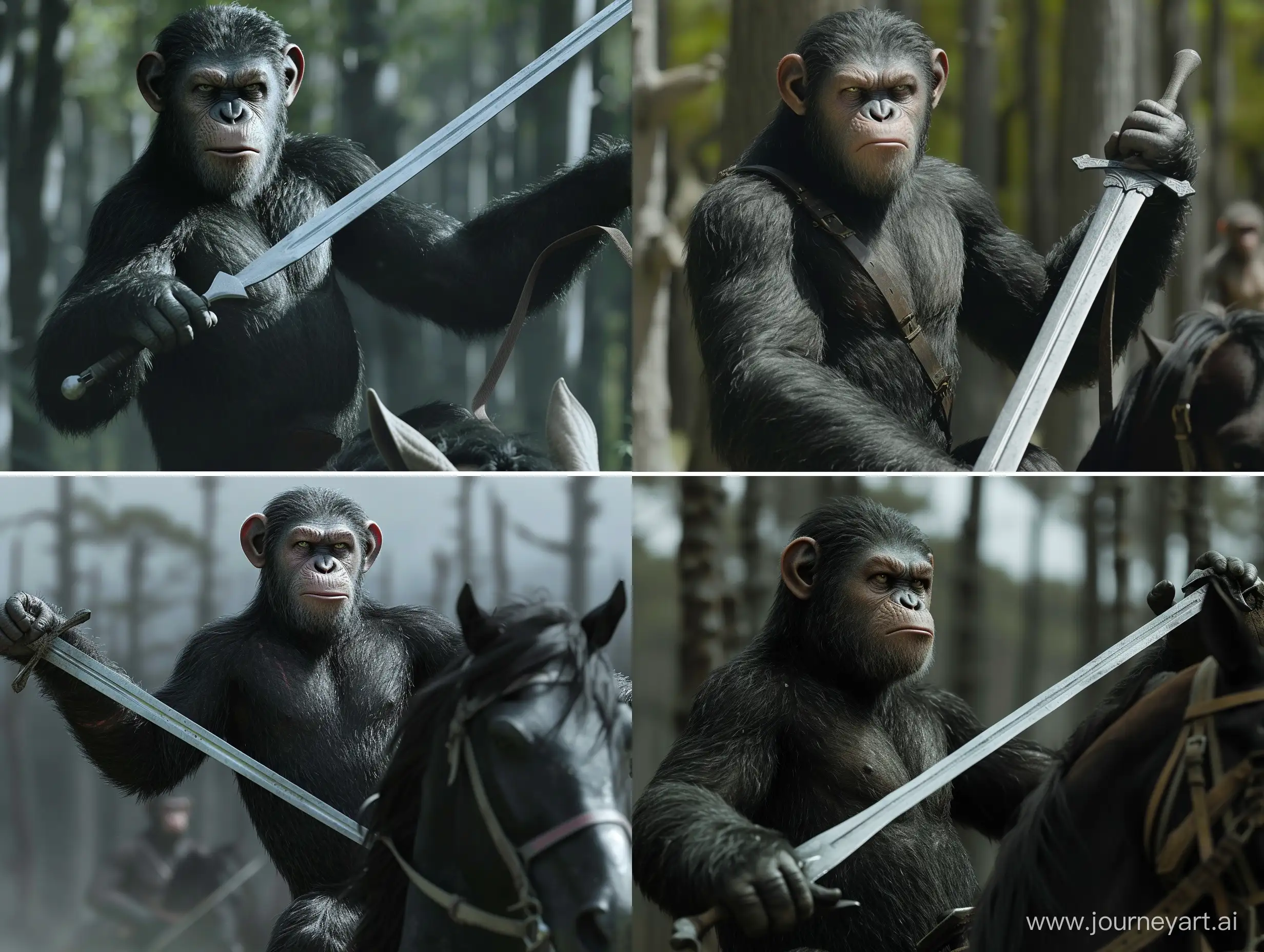 Planet of the apes movie style : a monkey is holding a sword and riding a horse in forest
