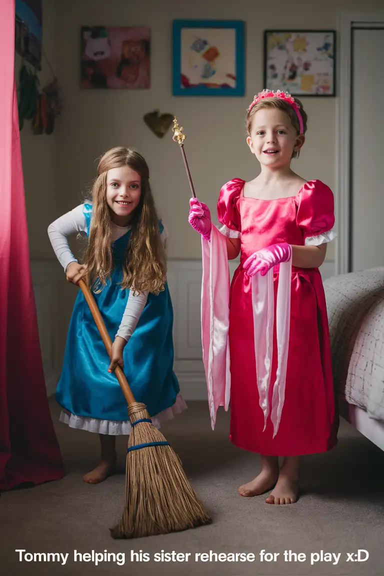 ((Gender role-reversal)), colourful Photograph, a 9-year-old girl with long hair is rehearsing a school play in a bedroom with her brother, a little 7-year-old boy with short smart spiky blonde hair, in her bedroom, the girl is playing an ugly stepsister sweeping the floor, the boy is in fairy godmother bright pink fairy dress and headband and long silky gloves and holding a wand, for fun, cute smiles, adorable, perfect faces, perfect faces, clear faces, perfect eyes, perfect noses, smooth skin, photograph style, the photograph is captioned “Tommy helping his sister rehearse for the play XD”