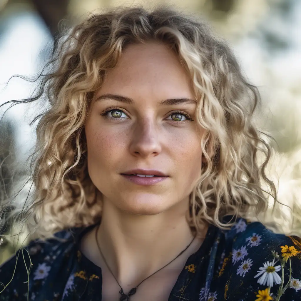 a photorealistic portrait of a women with blond long curly hair, walking through a field of wild flowers, wearing boho clothes :: Shot on a Canon EOS 5D Mark IV with wide lens, capture rich tonality, exceptional sharpness, and a smooth bekah background :: high-resolution :: shot from afar, emphasising her raw emotion and vulnerability :: wallpaper ratio, high-resolution, and dramatic contrast